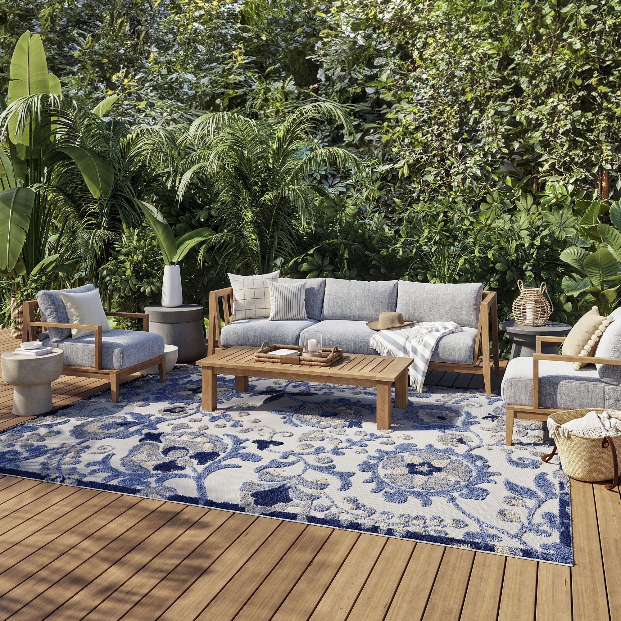Blue Grey Farmhouse Indoor-Outdoor Swirling Vines Rug