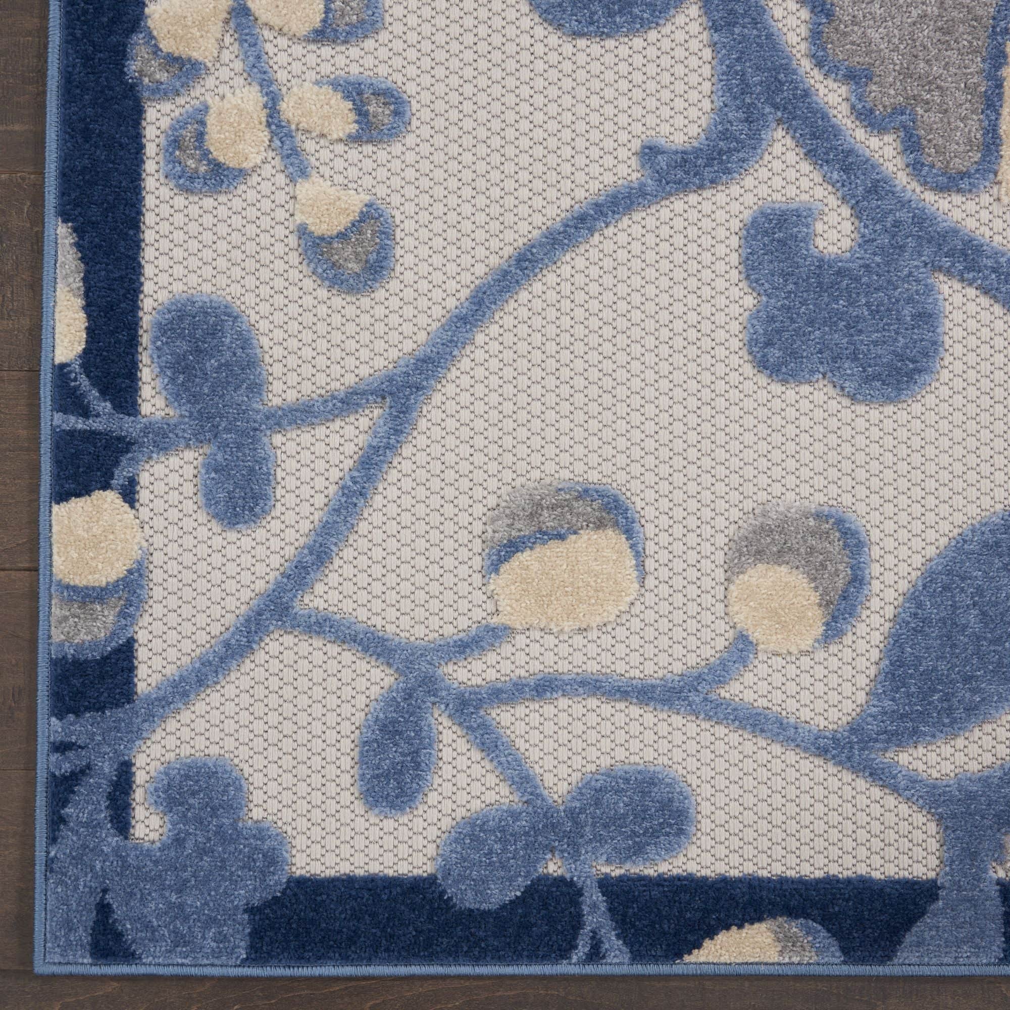 Blue Grey Farmhouse Indoor-Outdoor Swirling Vines Rug