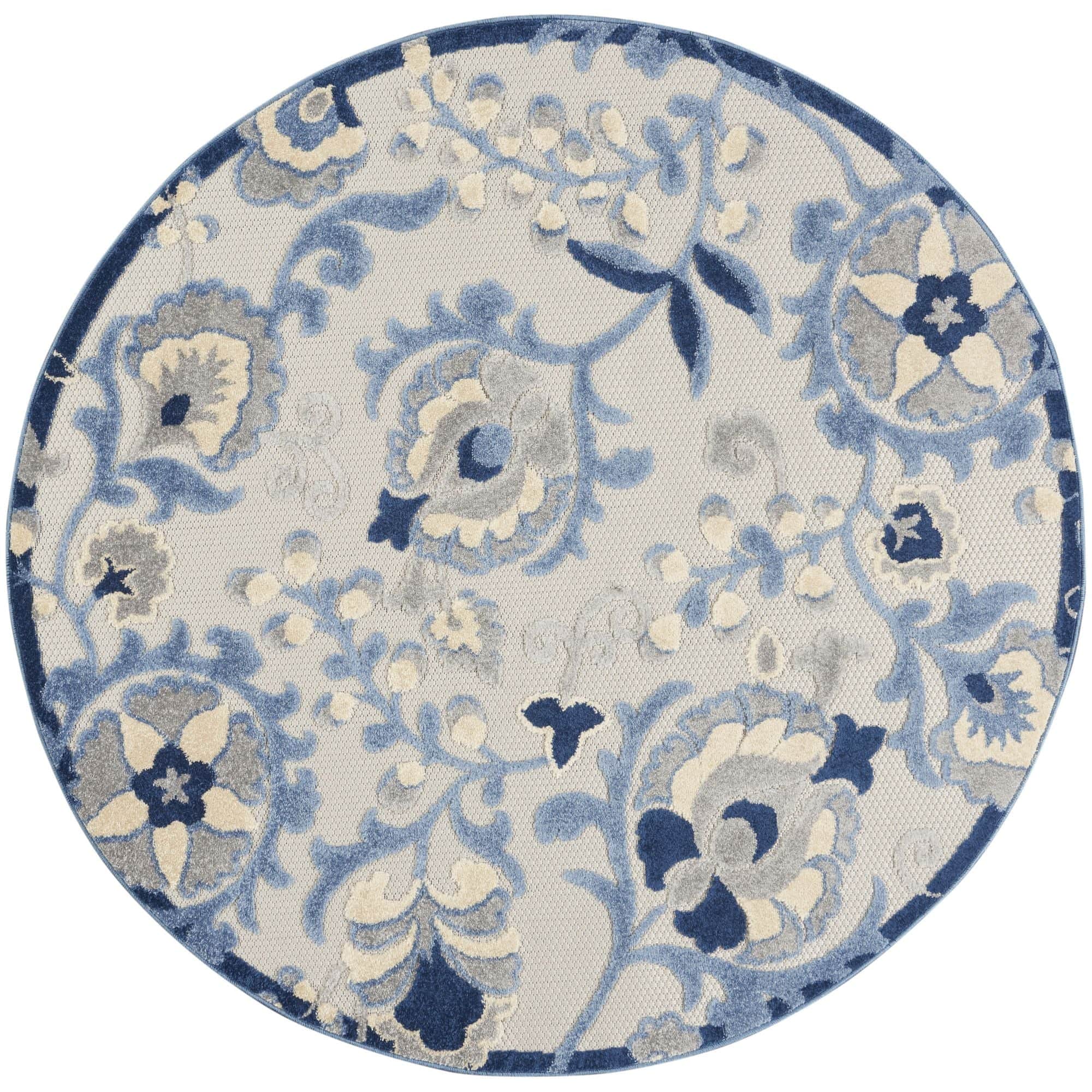 Blue Grey Farmhouse Indoor-Outdoor Swirling Vines Rug