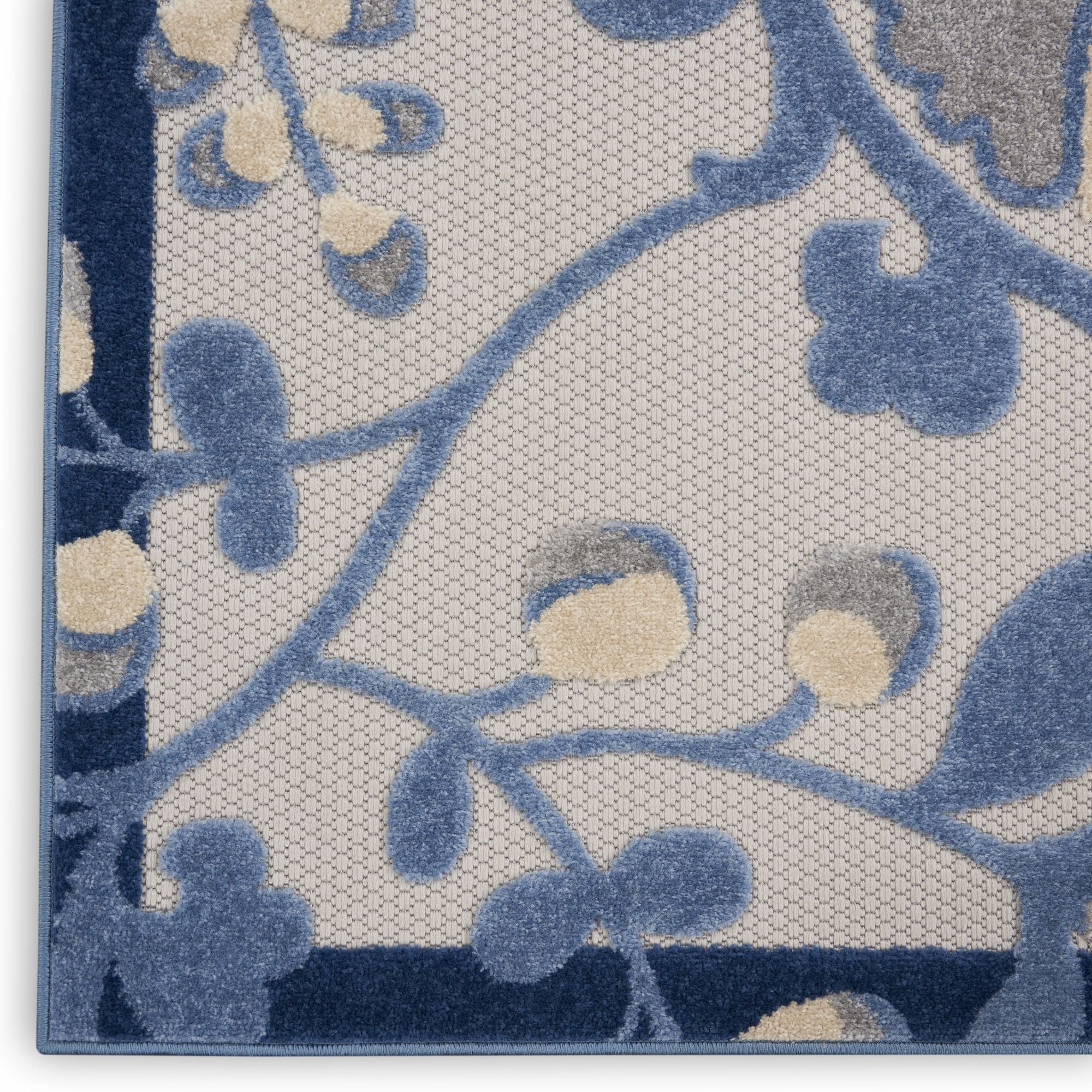 Blue Grey Farmhouse Indoor-Outdoor Swirling Vines Rug