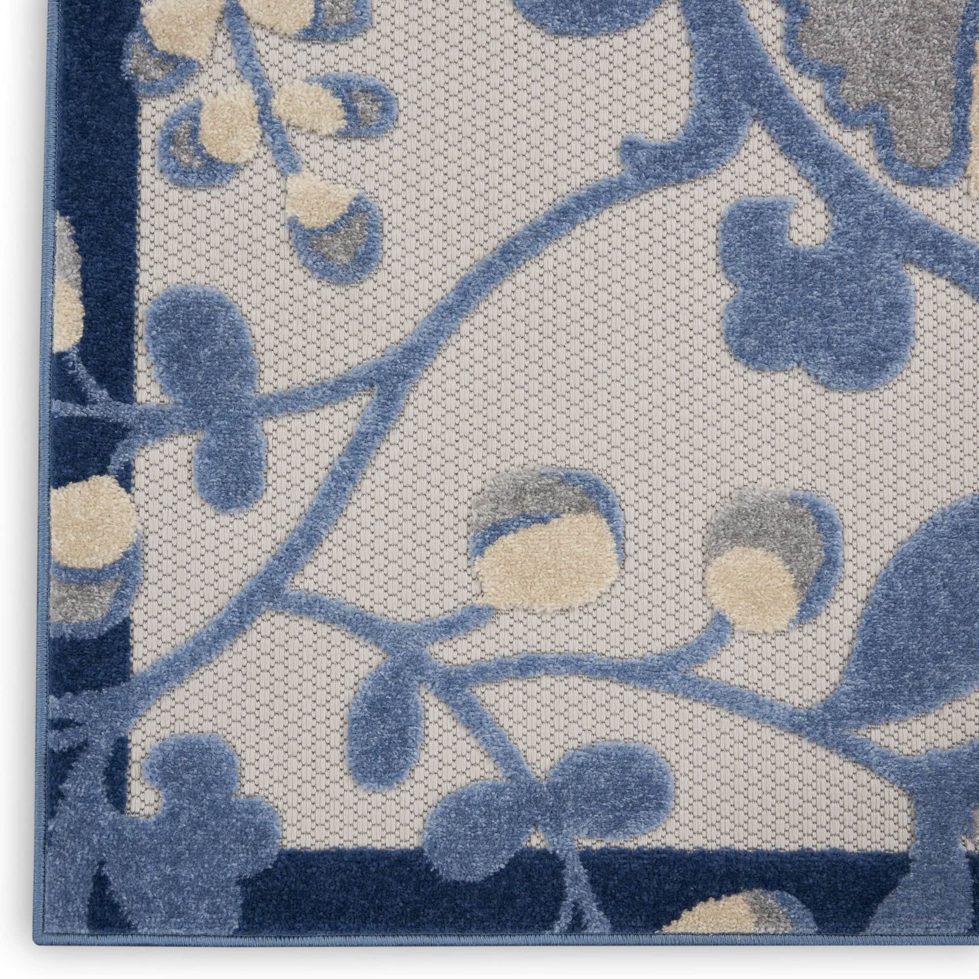 Blue Grey Farmhouse Indoor-Outdoor Swirling Vines Rug