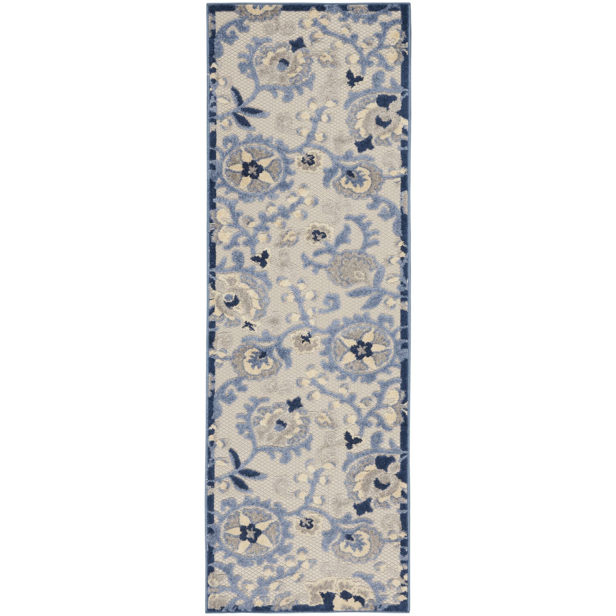 Blue Grey Farmhouse Indoor-Outdoor Swirling Vines Rug