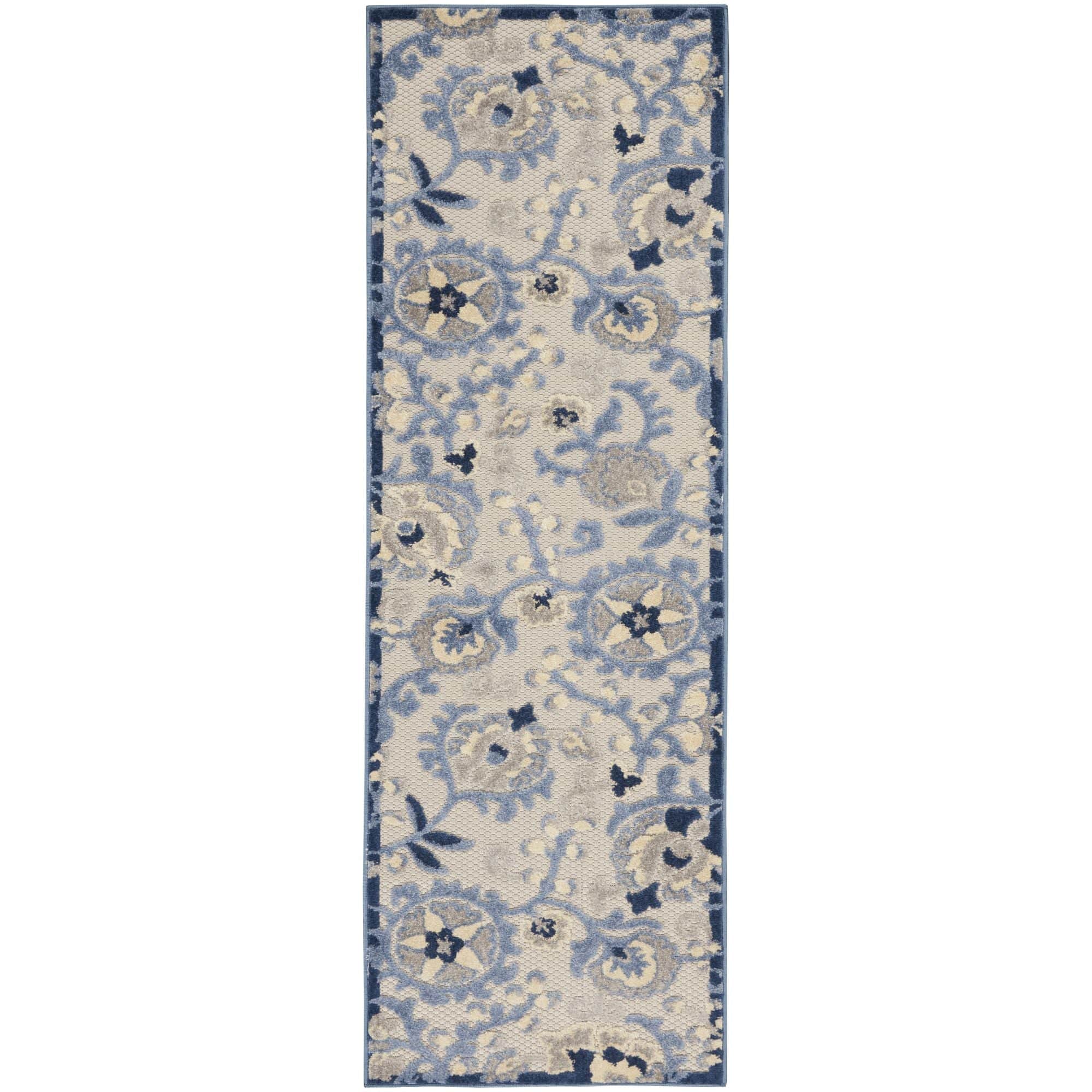 Blue Grey Farmhouse Indoor-Outdoor Swirling Vines Rug