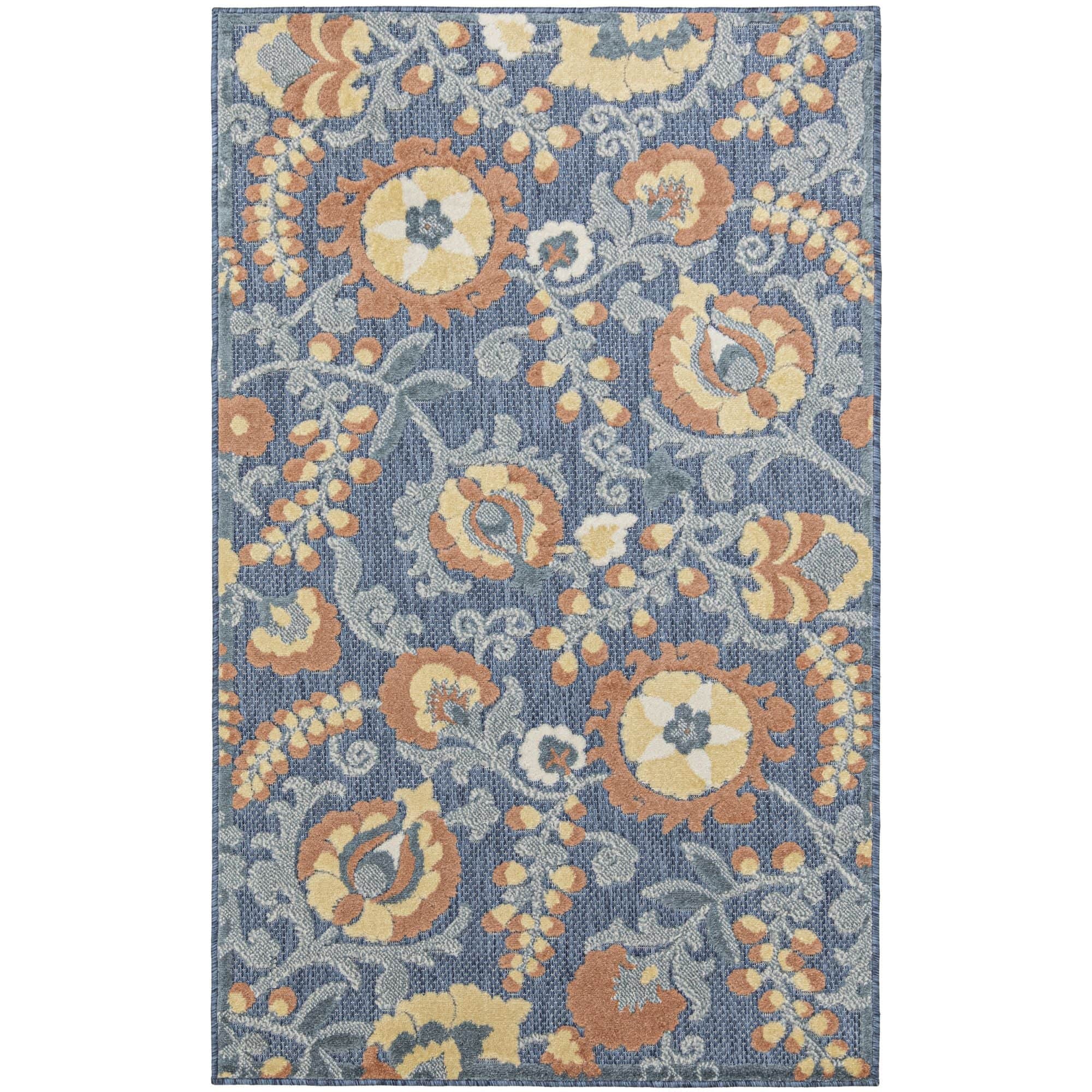 Blue Rose Farmhouse Indoor-Outdoor Swirling Vines Rug