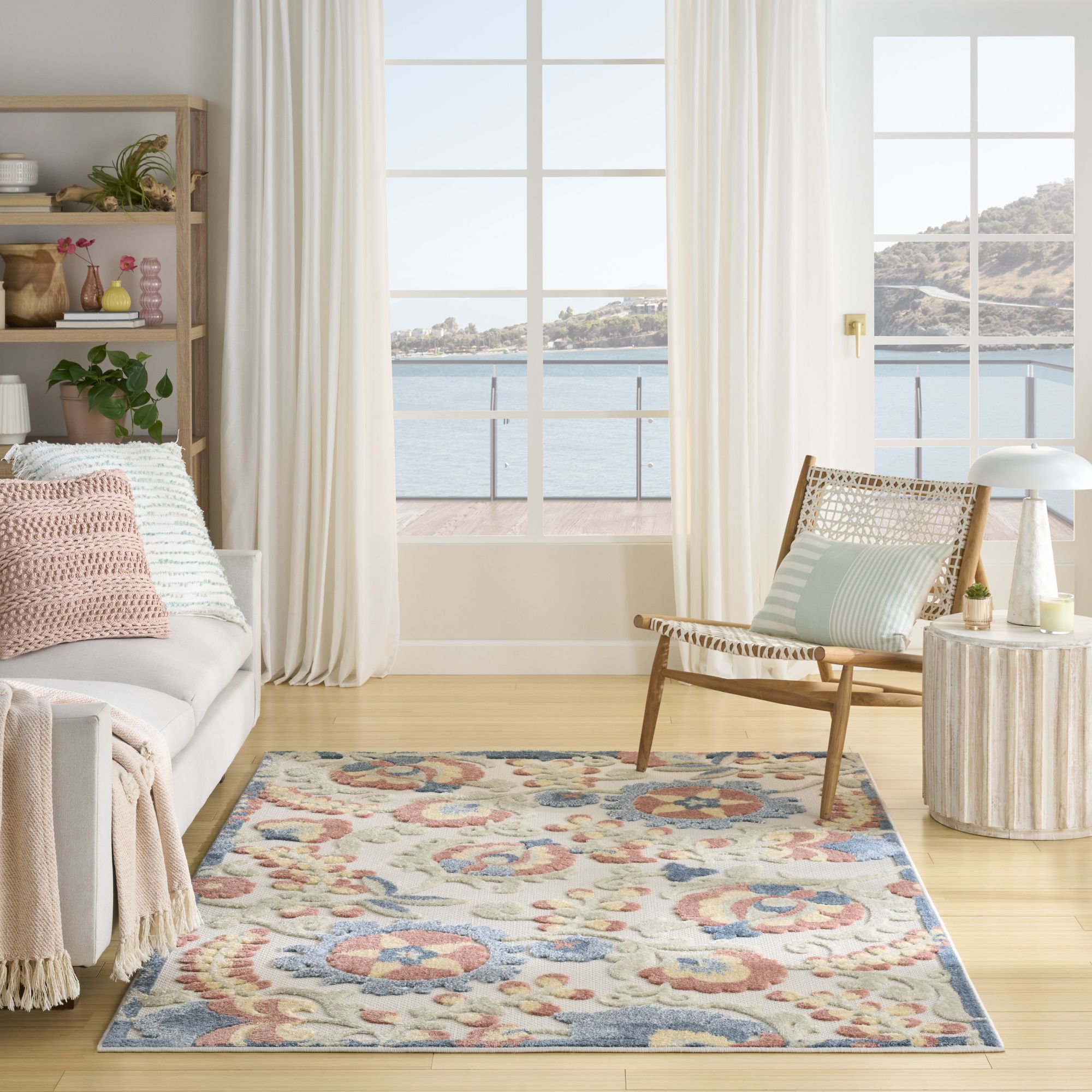 Grey Multicolor Farmhouse Indoor-Outdoor Swirling Vines Rug