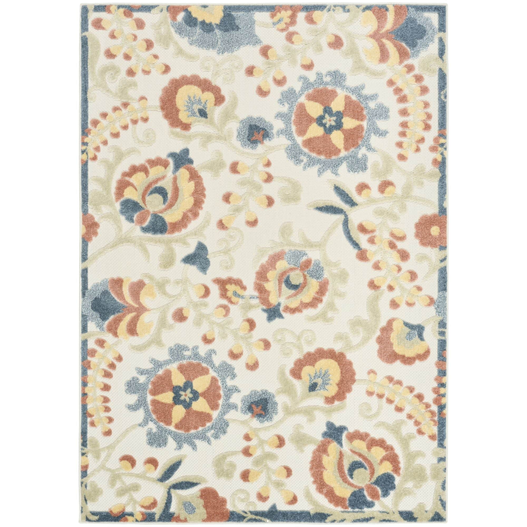 Grey Multicolor Farmhouse Indoor-Outdoor Swirling Vines Rug