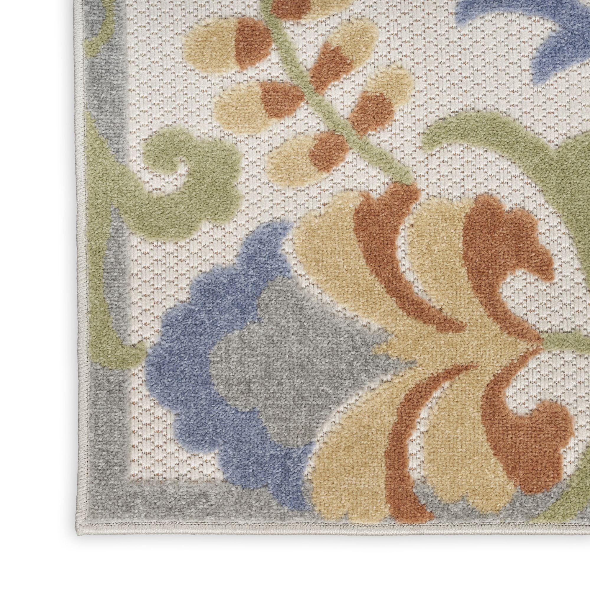 Ivory Blue Farmhouse Indoor-Outdoor Swirling Vines Rug