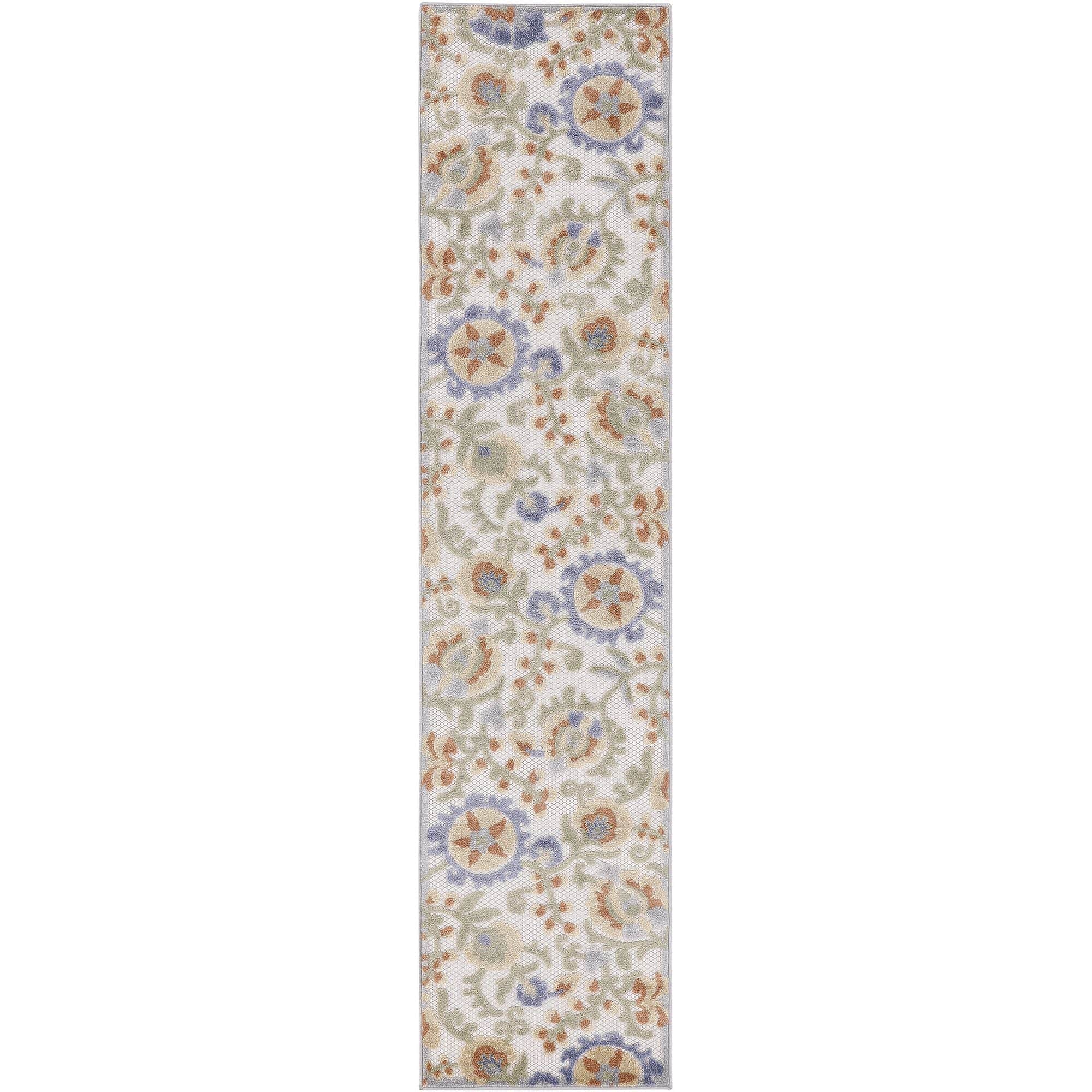 Ivory Blue Farmhouse Indoor-Outdoor Swirling Vines Rug