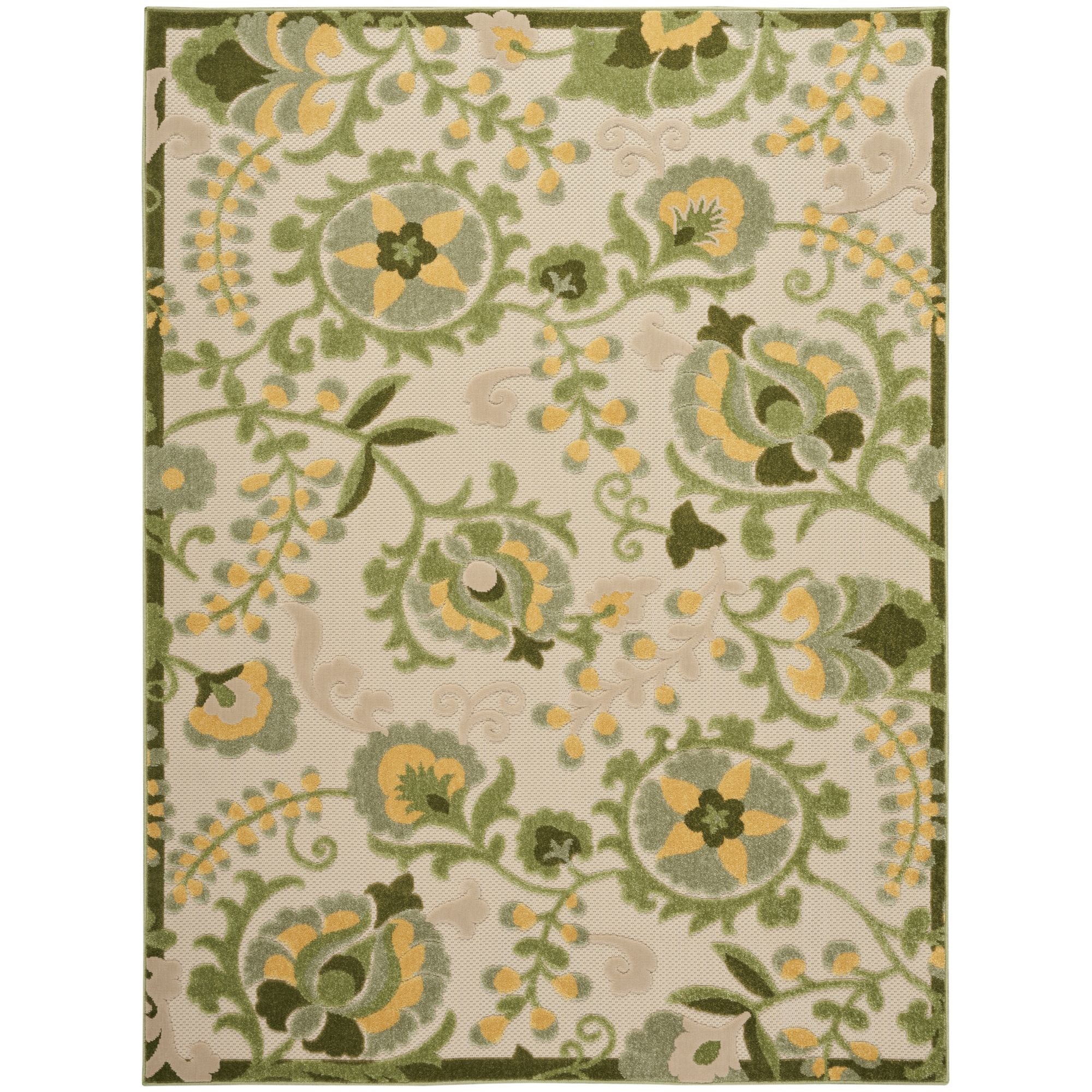 Ivory Green Farmhouse Indoor-Outdoor Swirling Vines Rug