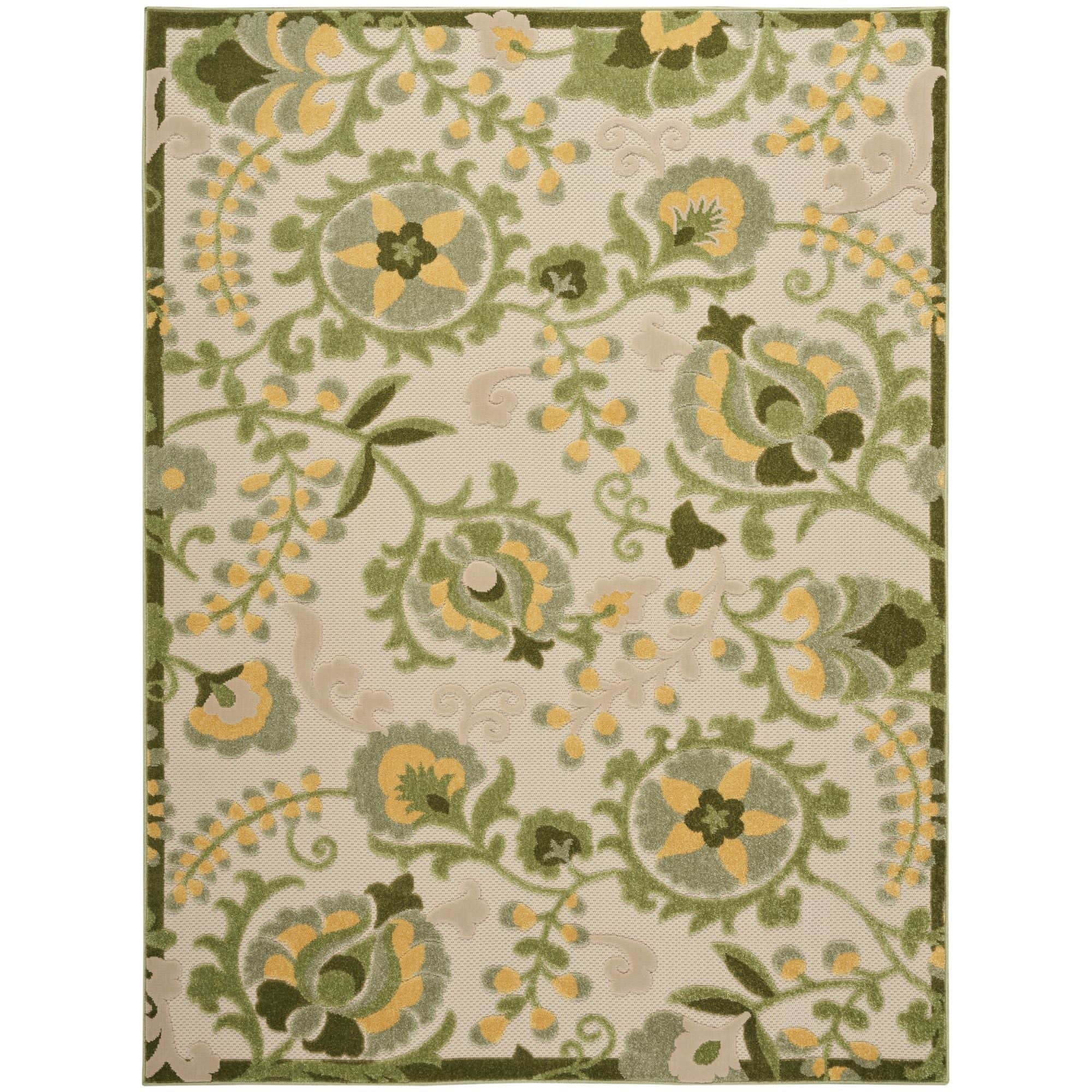 Ivory Green Farmhouse Indoor-Outdoor Swirling Vines Rug