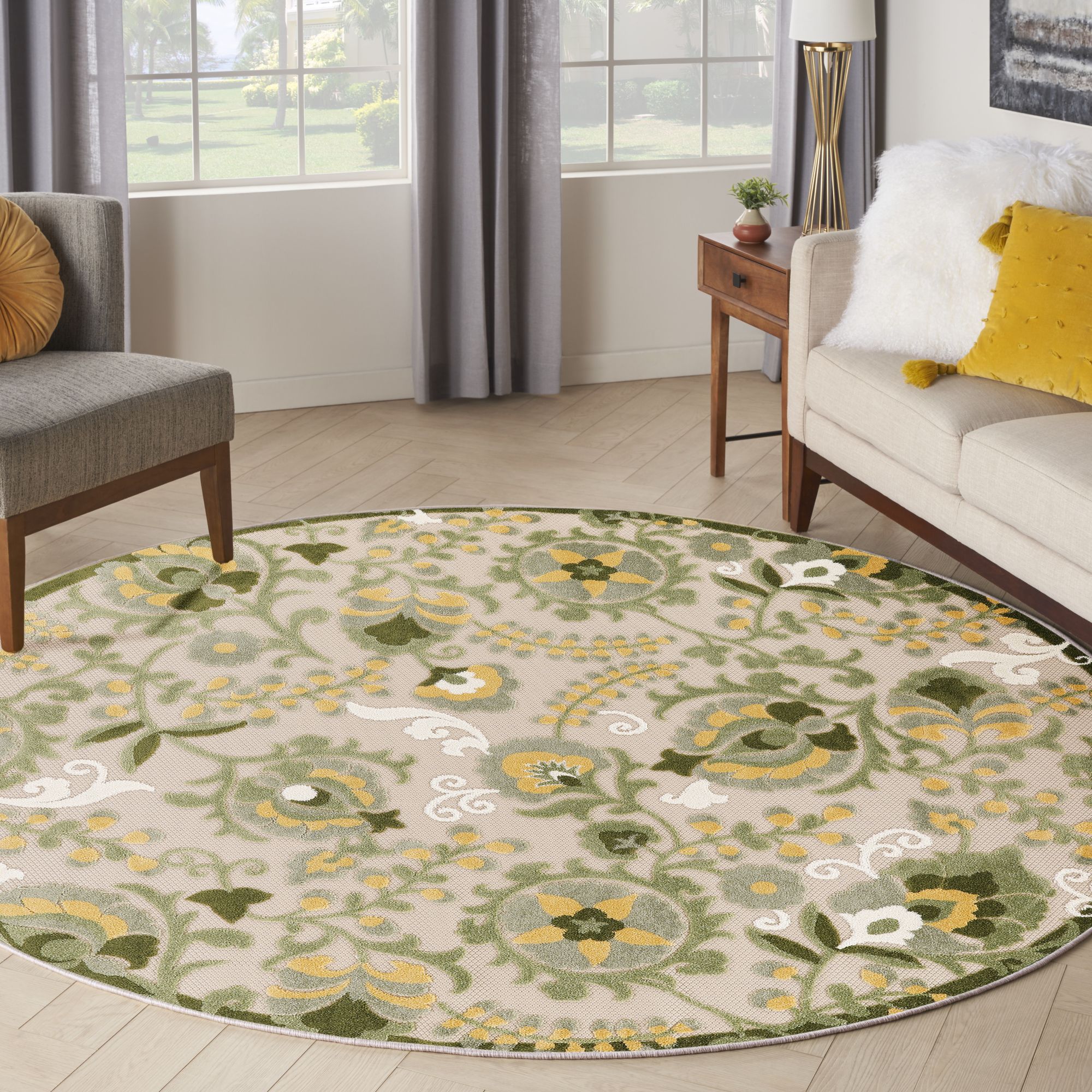 Ivory Green Farmhouse Indoor-Outdoor Swirling Vines Rug