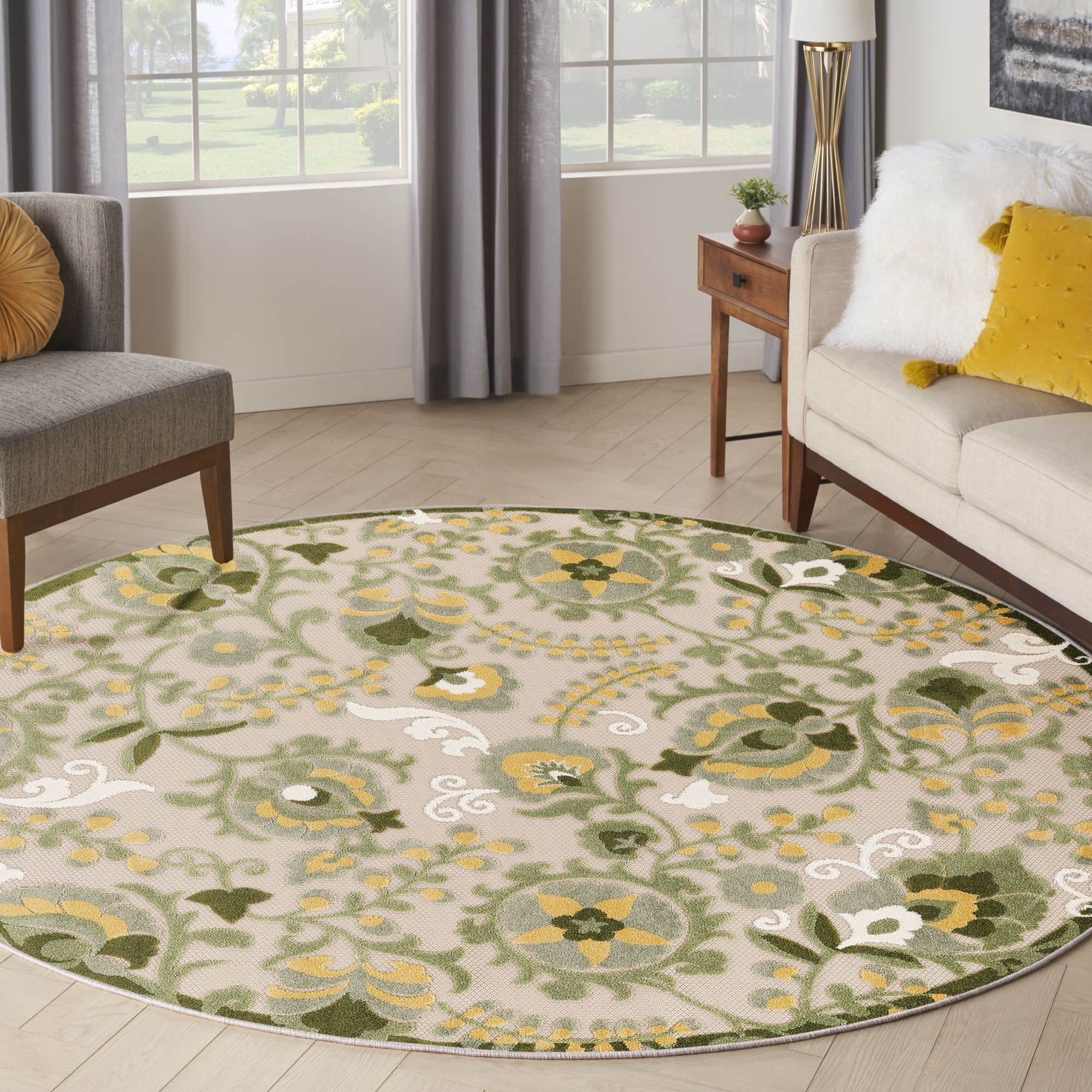 Ivory Green Farmhouse Indoor-Outdoor Swirling Vines Rug