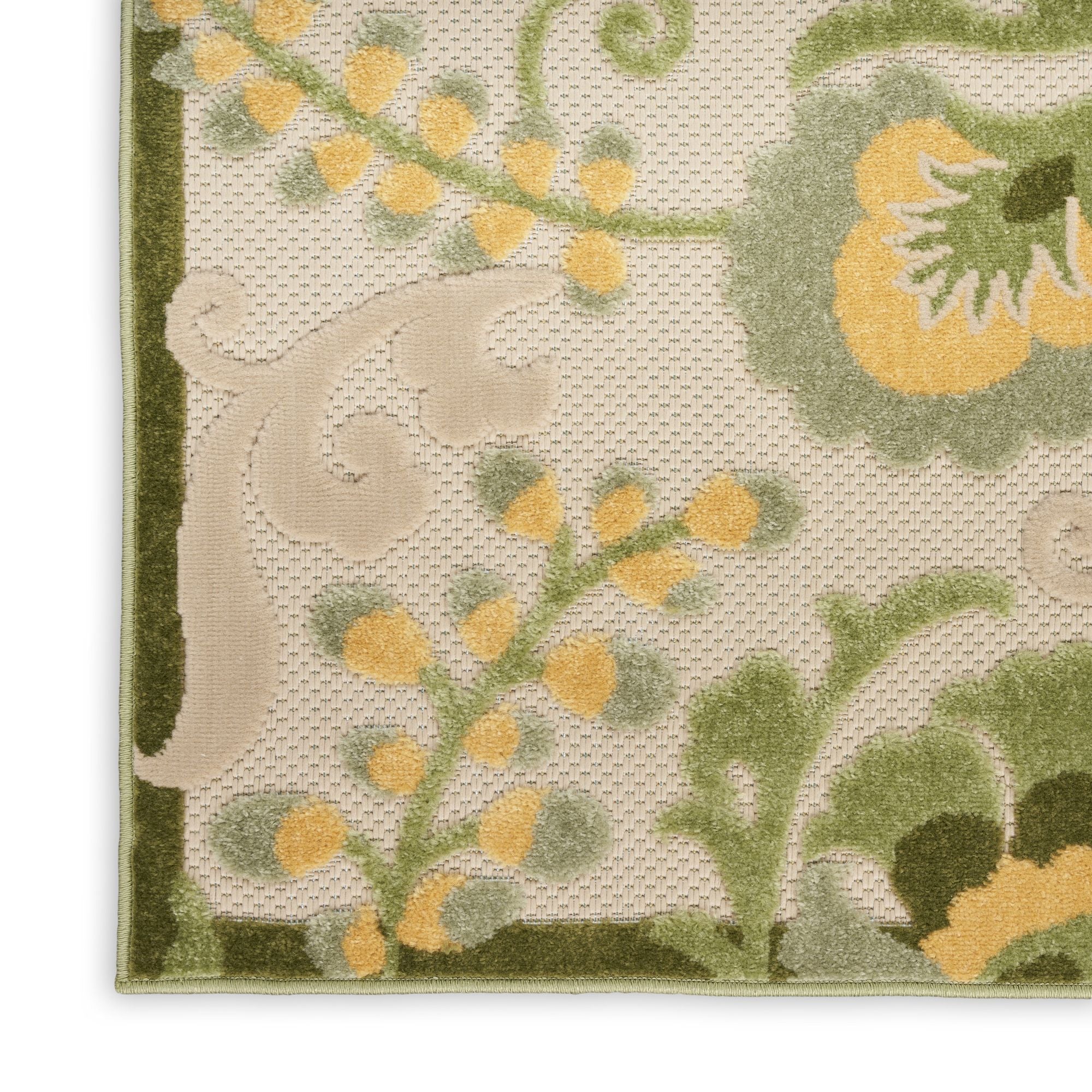 Ivory Green Farmhouse Indoor-Outdoor Swirling Vines Rug