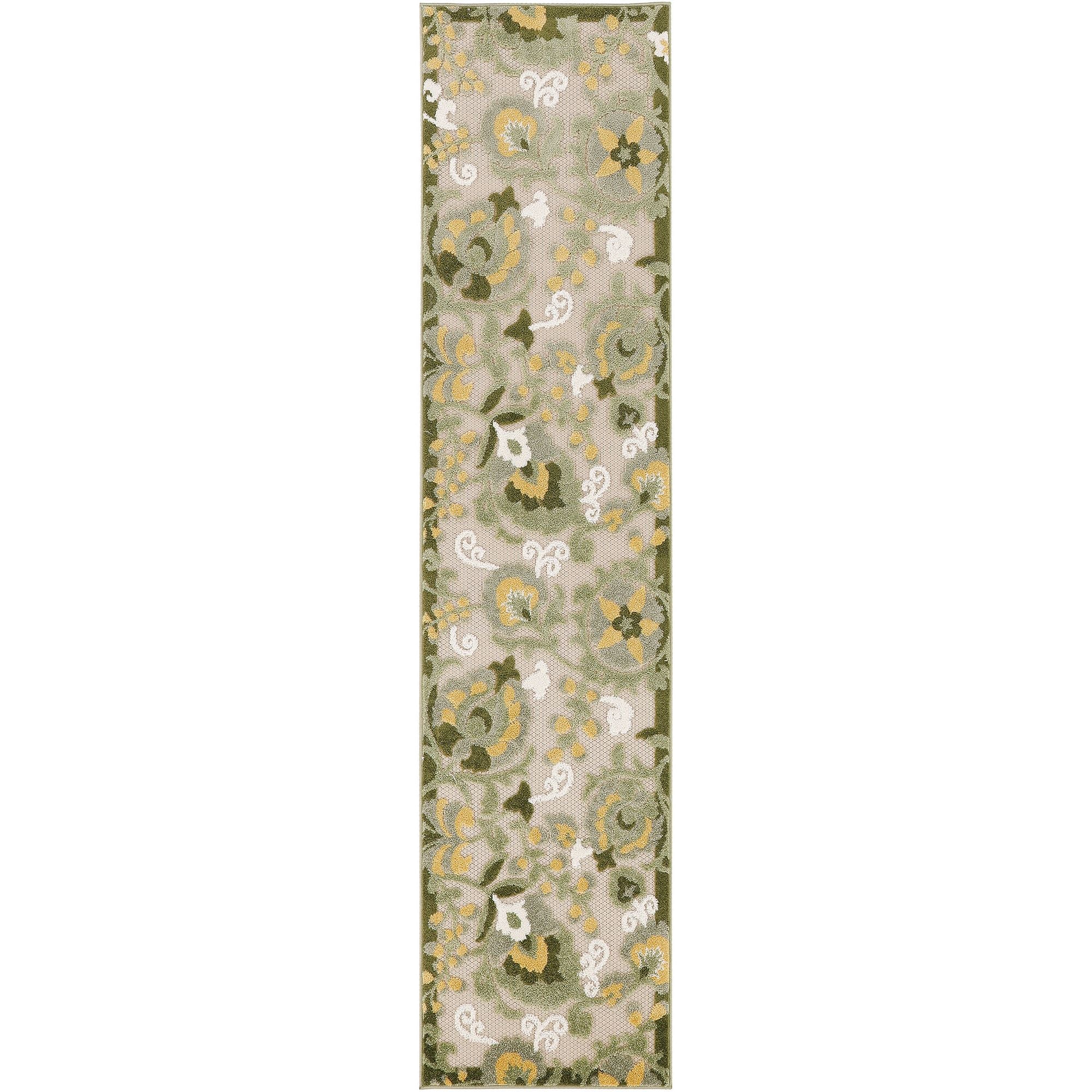 Ivory Green Farmhouse Indoor-Outdoor Swirling Vines Rug