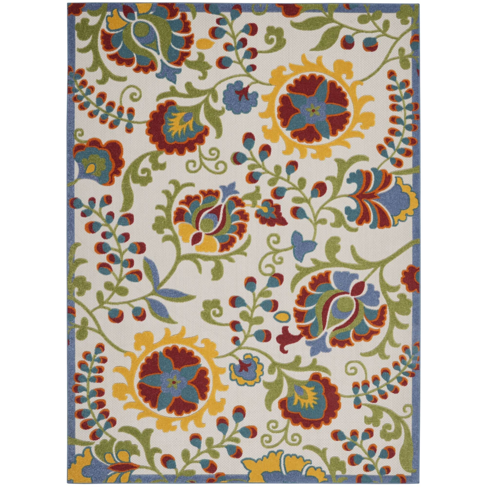 Ivory Multicolor Farmhouse Indoor-Outdoor Swirling Vines Rug