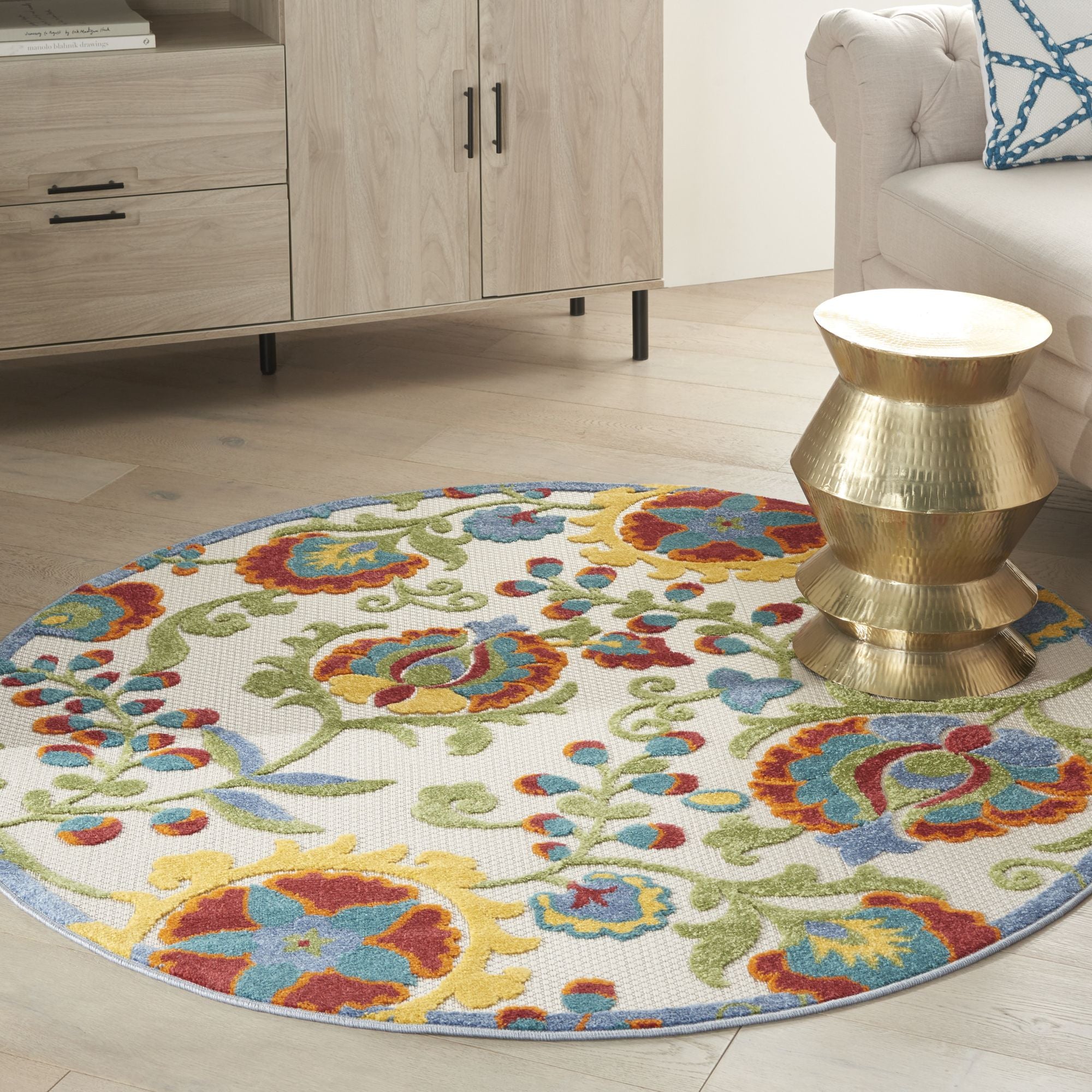 Ivory Multicolor Farmhouse Indoor-Outdoor Swirling Vines Rug