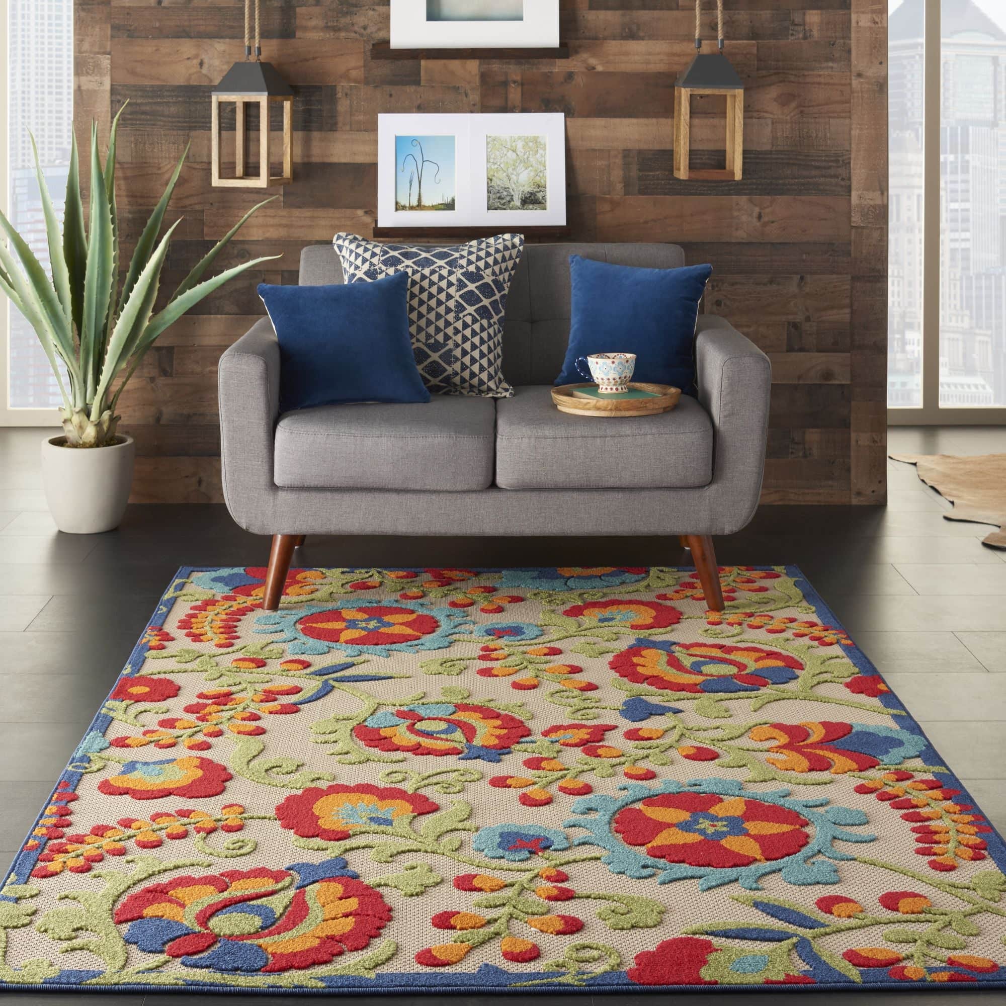 Multicolor Farmhouse Indoor-Outdoor Swirling Vines Rug