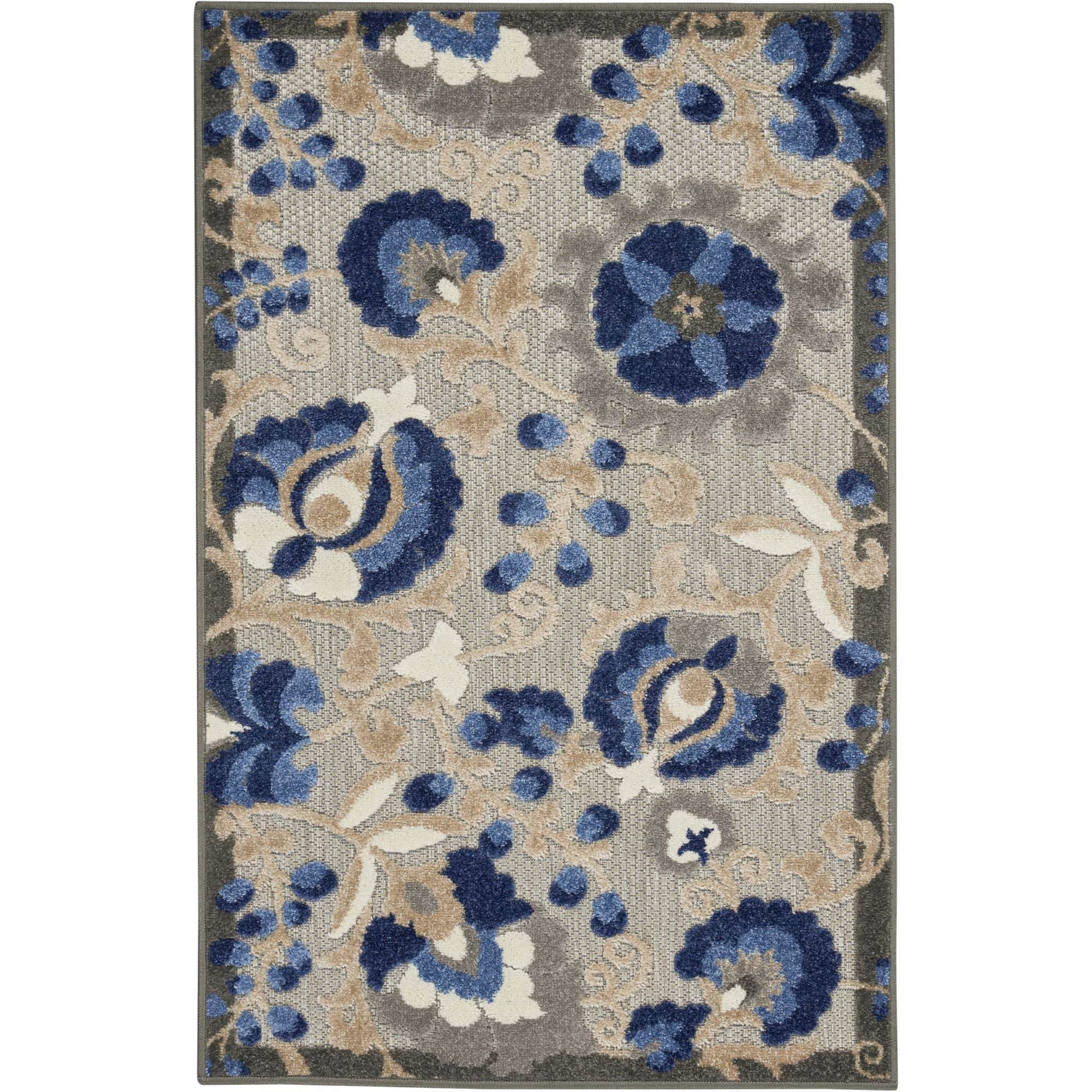 Natural Blue Farmhouse Indoor-Outdoor Swirling Vines Rug