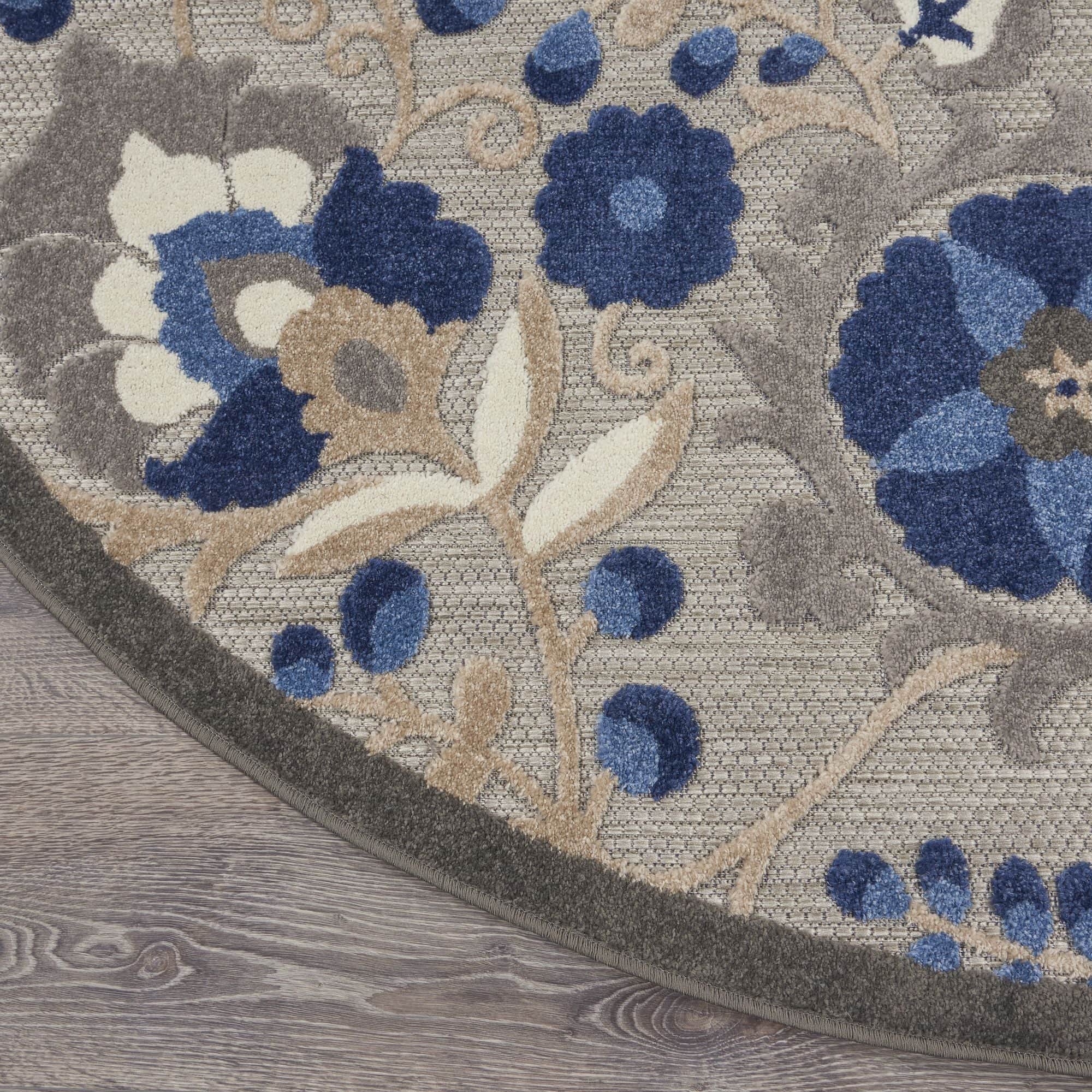 Natural Blue Farmhouse Indoor-Outdoor Swirling Vines Rug