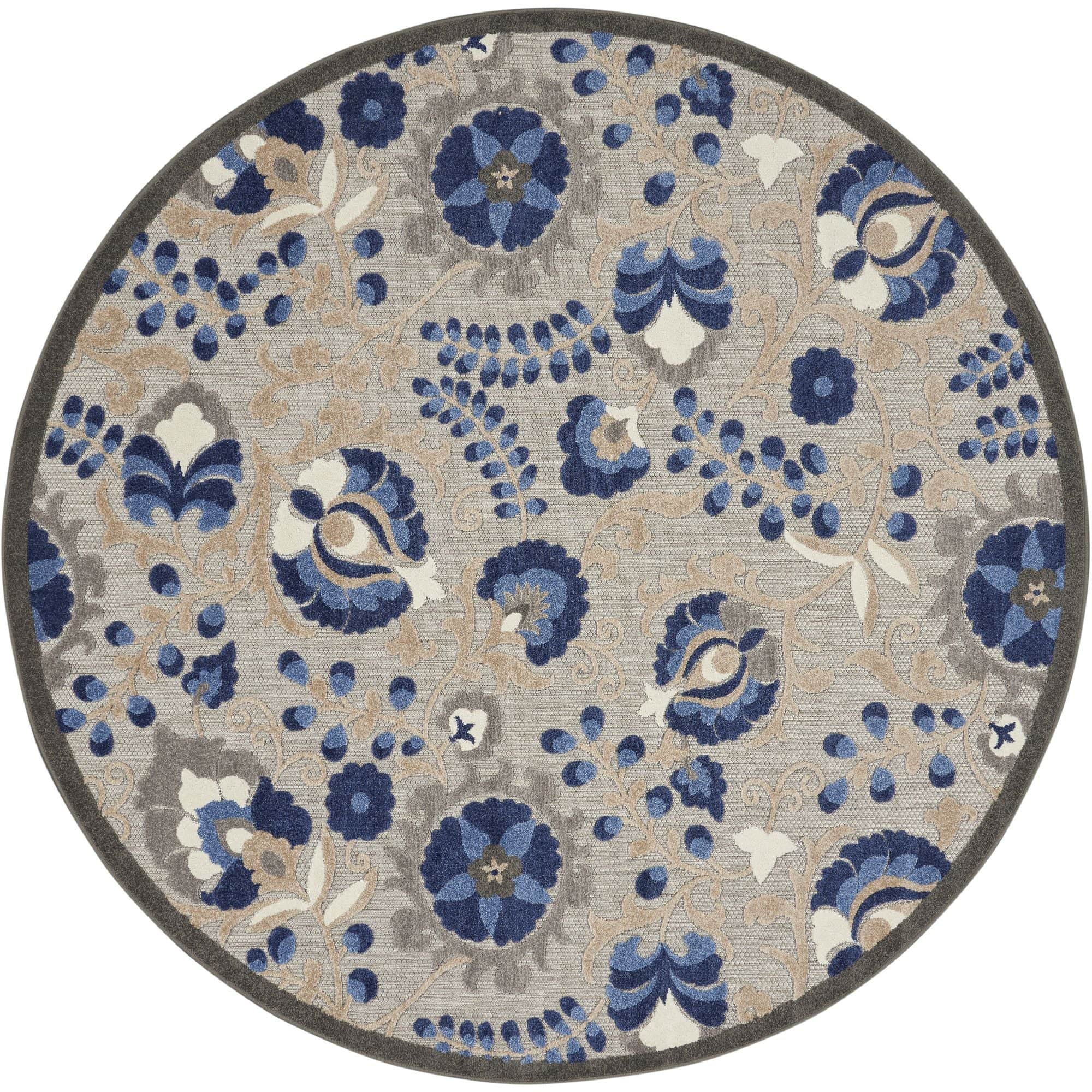 Natural Blue Farmhouse Indoor-Outdoor Swirling Vines Rug