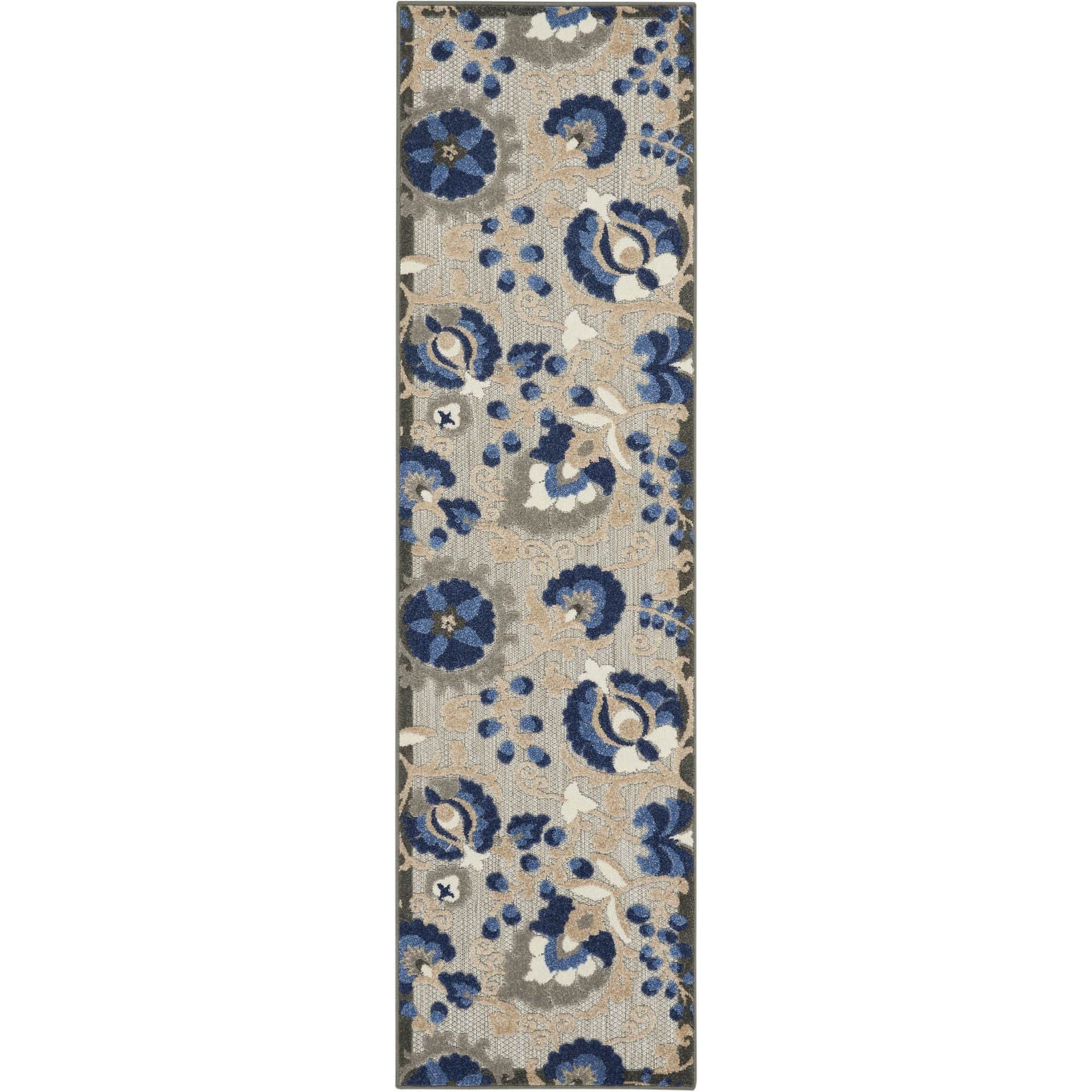 Natural Blue Farmhouse Indoor-Outdoor Swirling Vines Rug