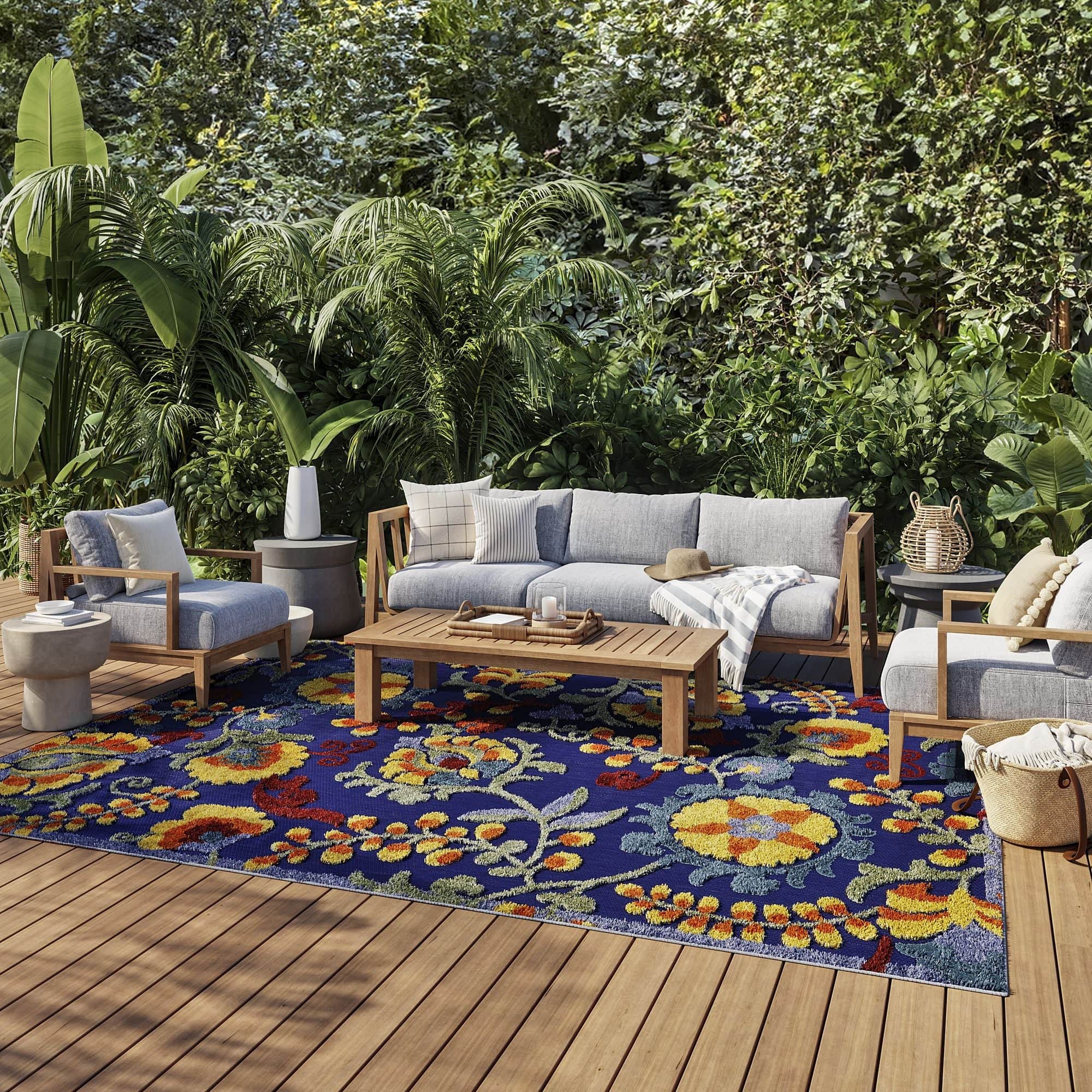 Navy Multicolor Farmhouse Indoor-Outdoor Swirling Vines Rug