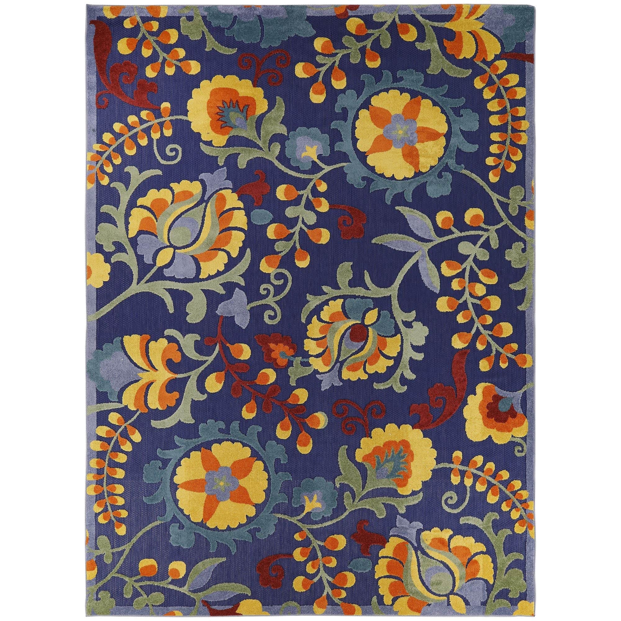 Navy Multicolor Farmhouse Indoor-Outdoor Swirling Vines Rug