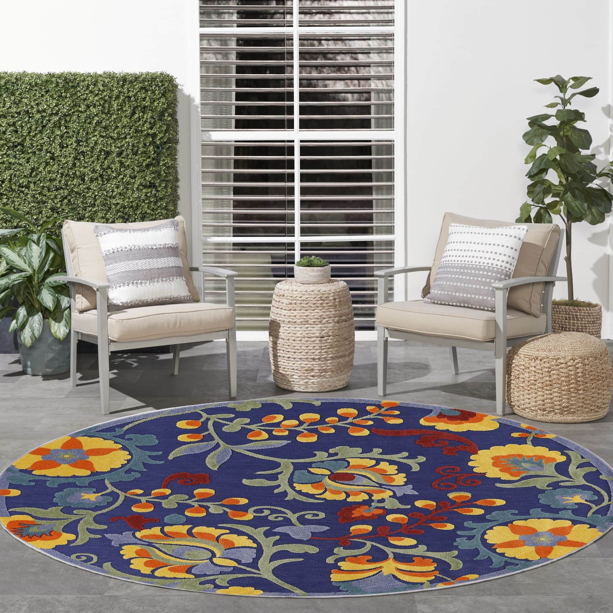Navy Multicolor Farmhouse Indoor-Outdoor Swirling Vines Rug
