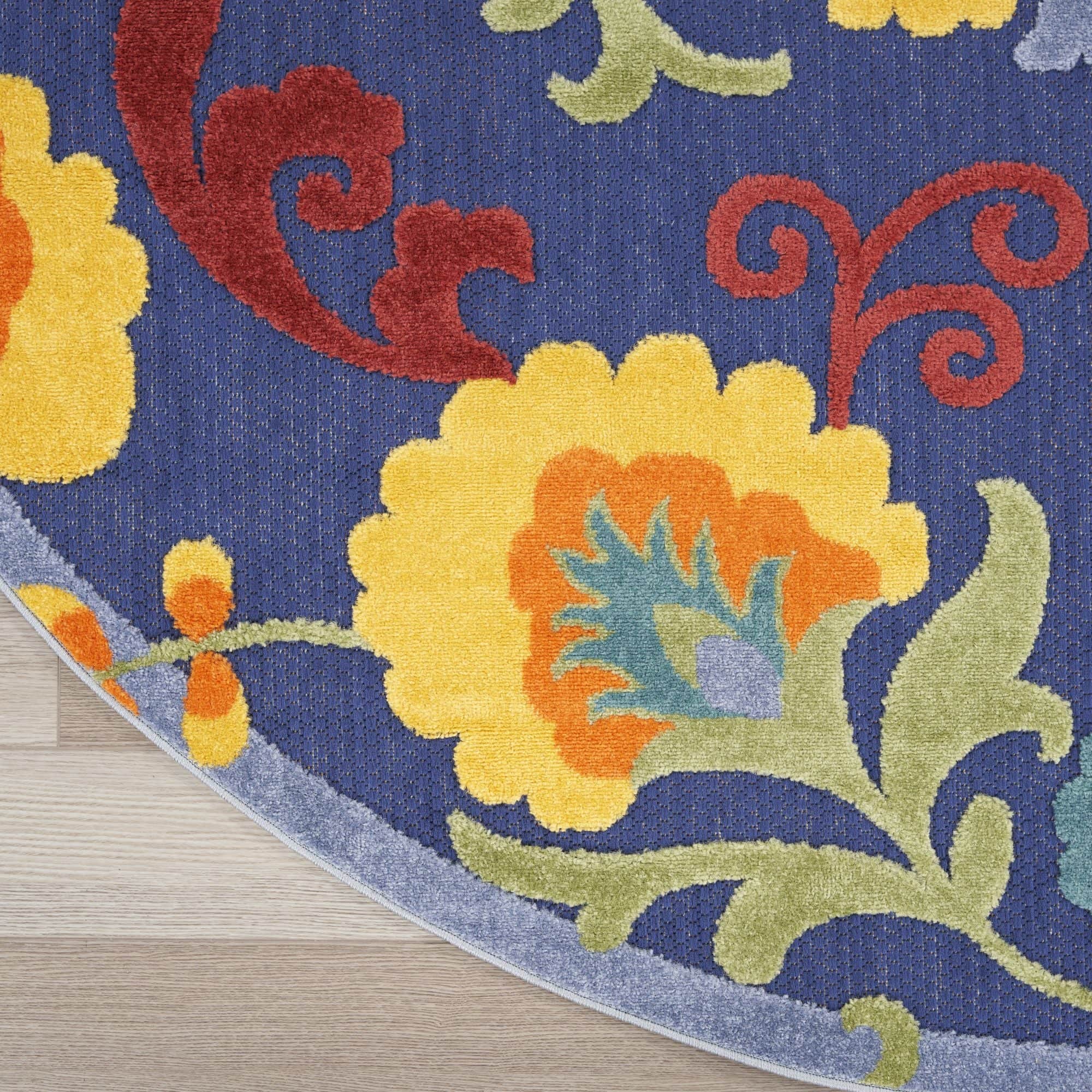 Navy Multicolor Farmhouse Indoor-Outdoor Swirling Vines Rug