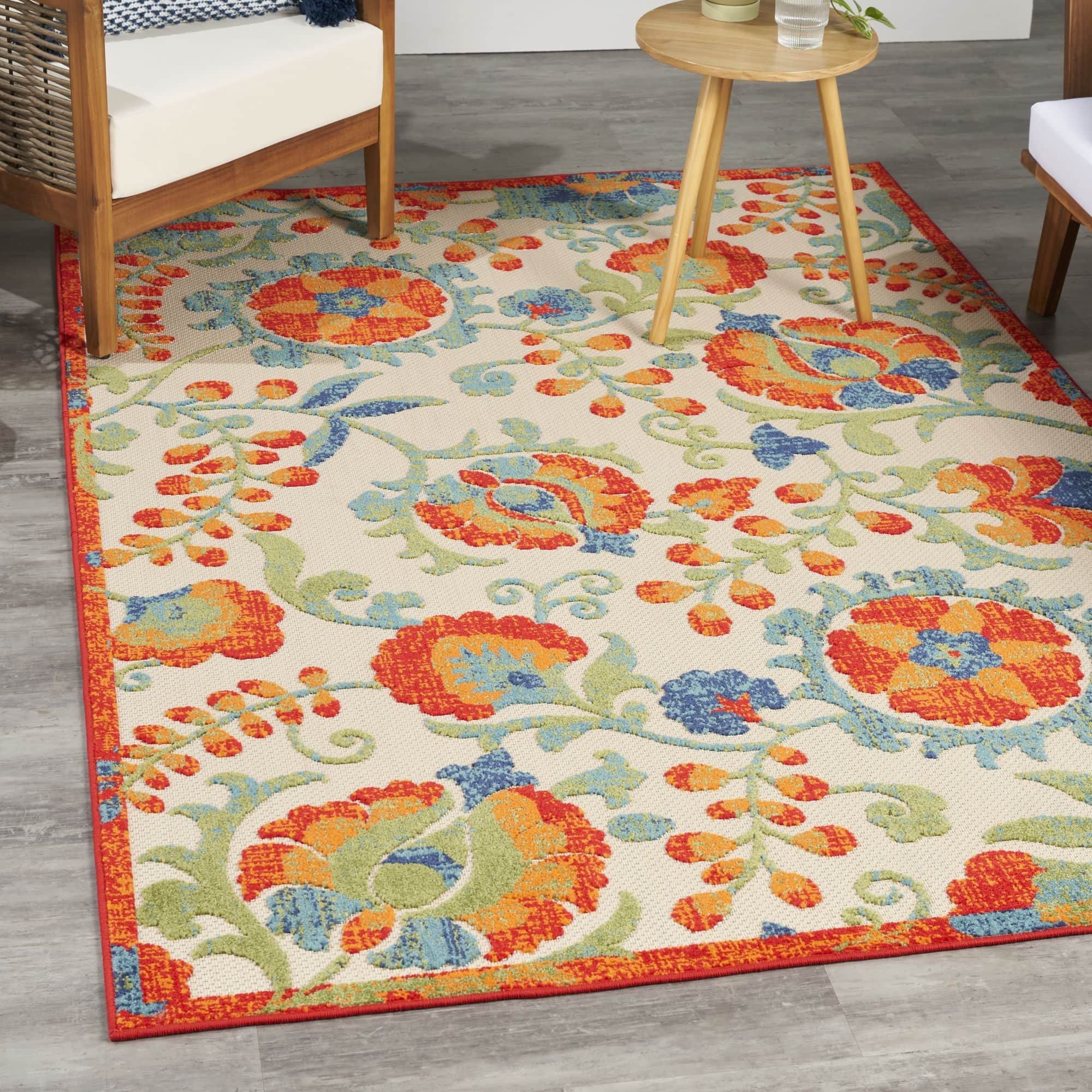 Red Multicolor Farmhouse Indoor-Outdoor Swirling Vines Rug
