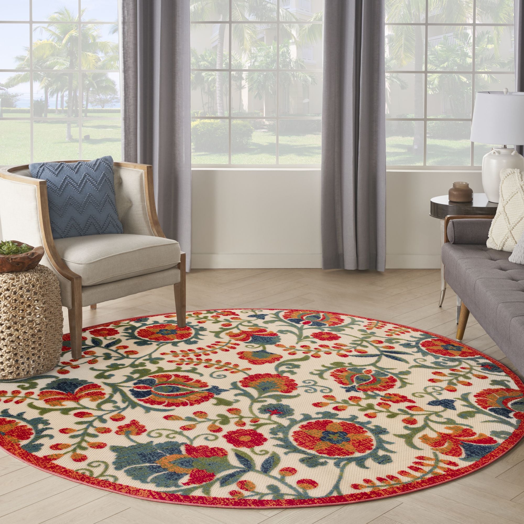 Red Multicolor Farmhouse Indoor-Outdoor Swirling Vines Rug