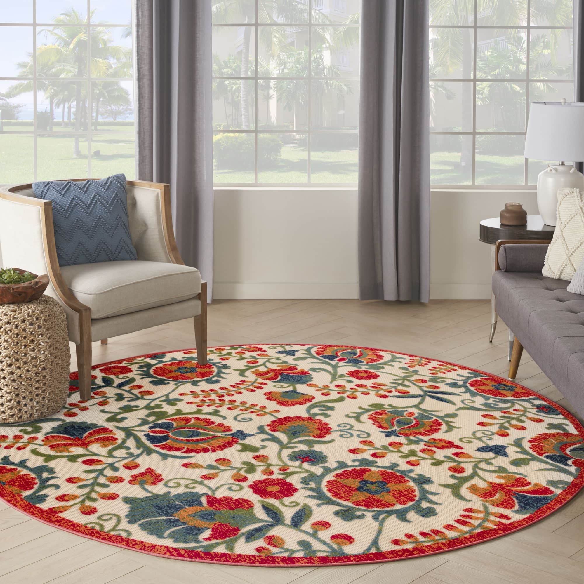 Red Multicolor Farmhouse Indoor-Outdoor Swirling Vines Rug