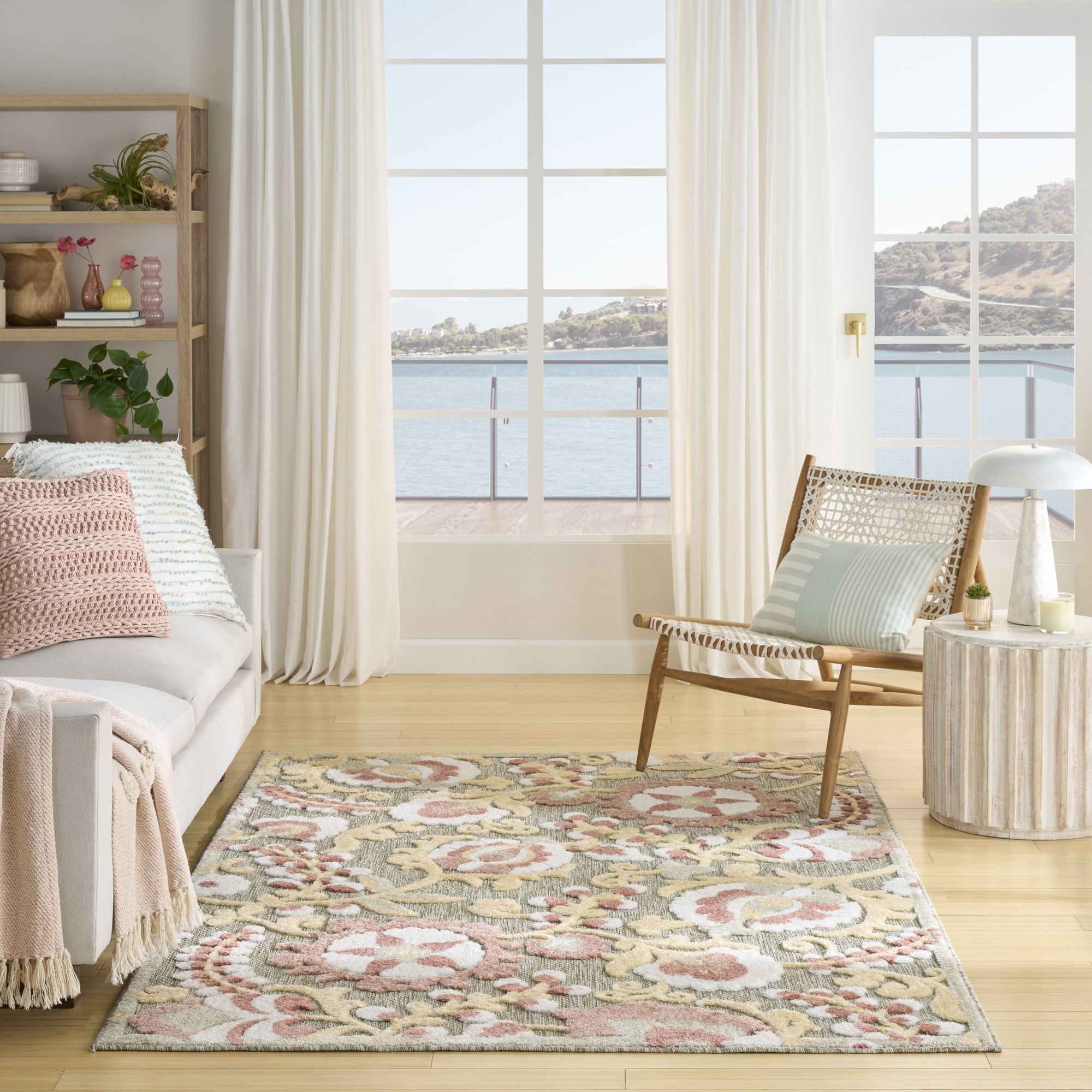 Sage Rose Farmhouse Indoor-Outdoor Swirling Vines Rug