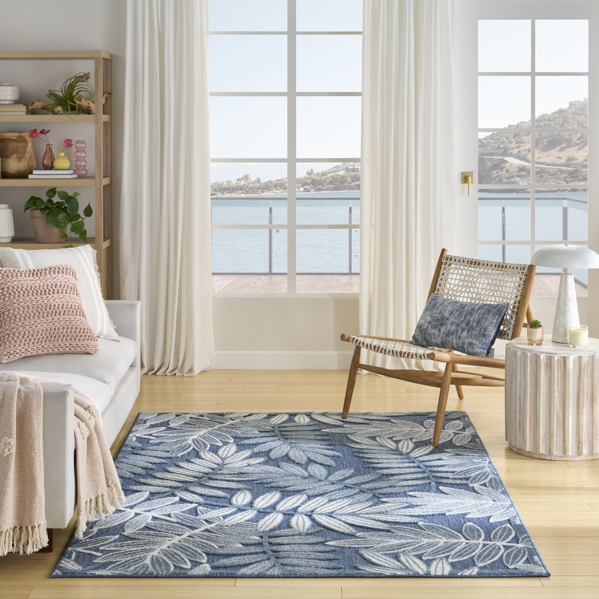 Blue Tropical Leaf Indoor/Outdoor Patio Rug