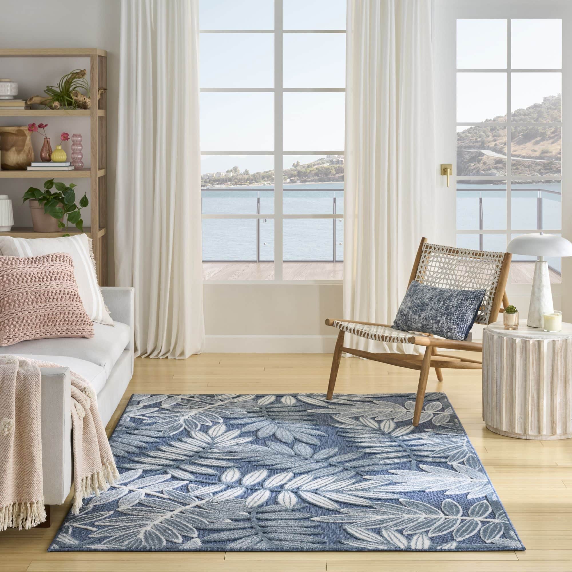 Blue Tropical Leaf Indoor/Outdoor Patio Rug