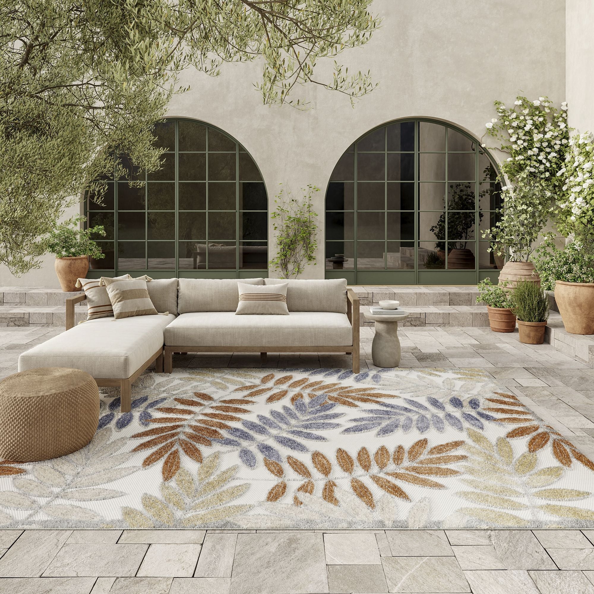 Blue Mocha Tropical Leaf Indoor/Outdoor Patio Rug