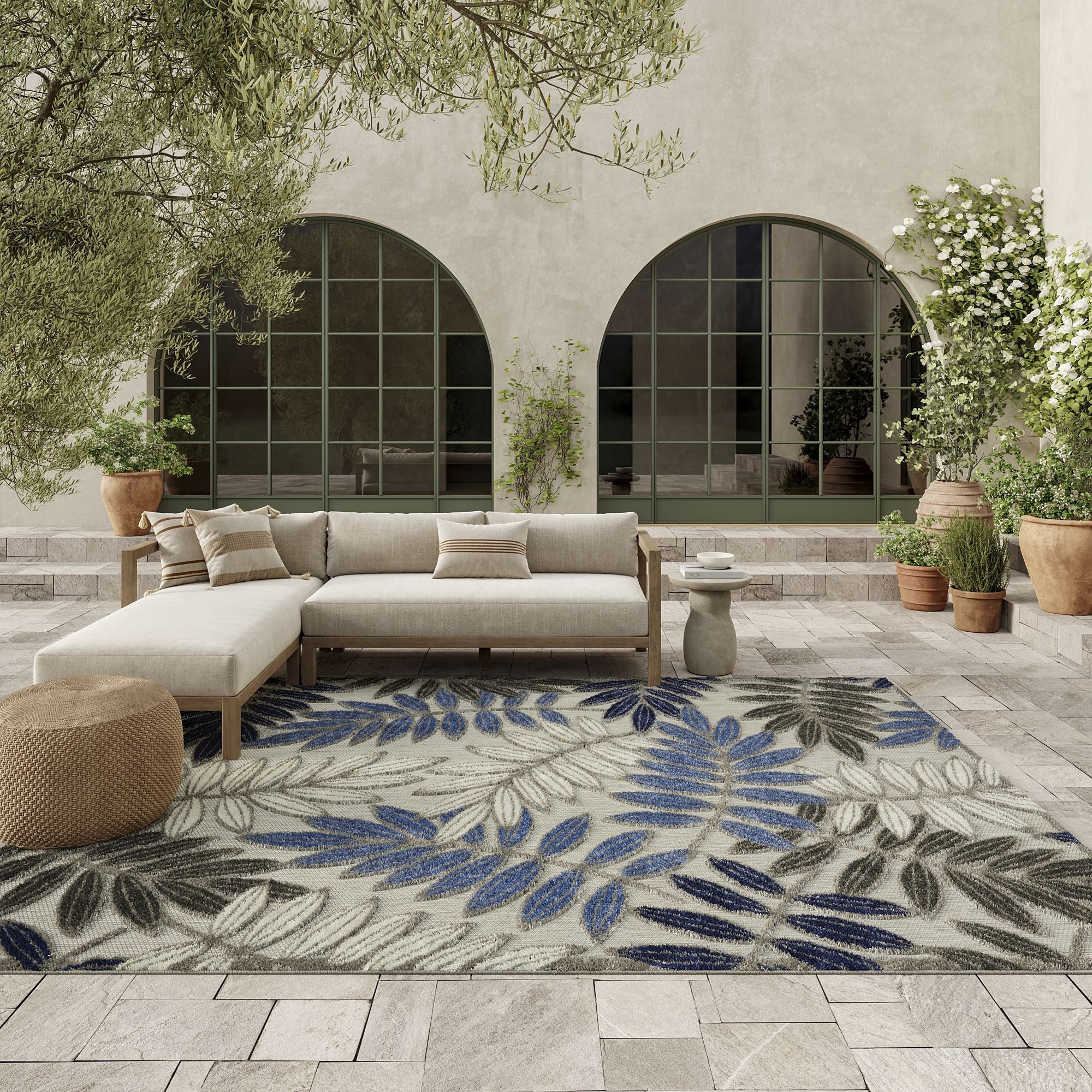 Grey Blue Tropical Leaf Indoor/Outdoor Patio Rug
