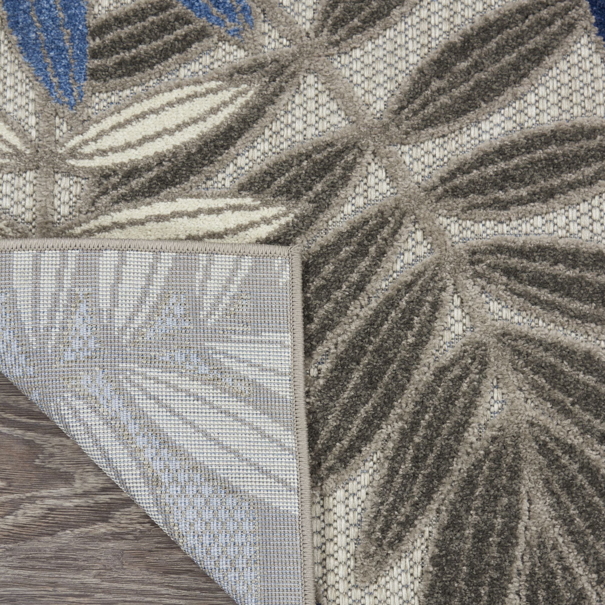 Grey Blue Tropical Leaf Indoor/Outdoor Patio Rug