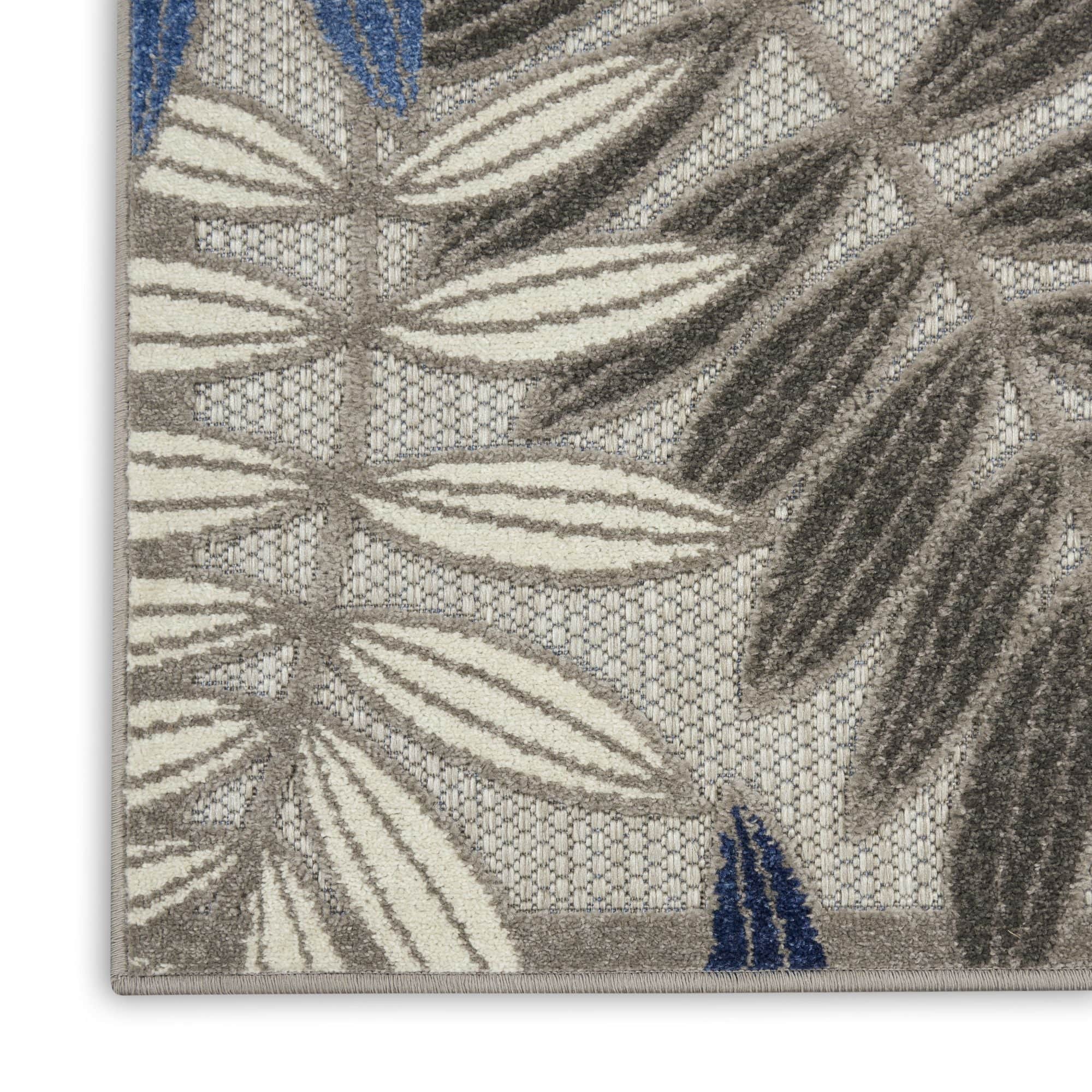 Grey Blue Tropical Leaf Indoor/Outdoor Patio Rug