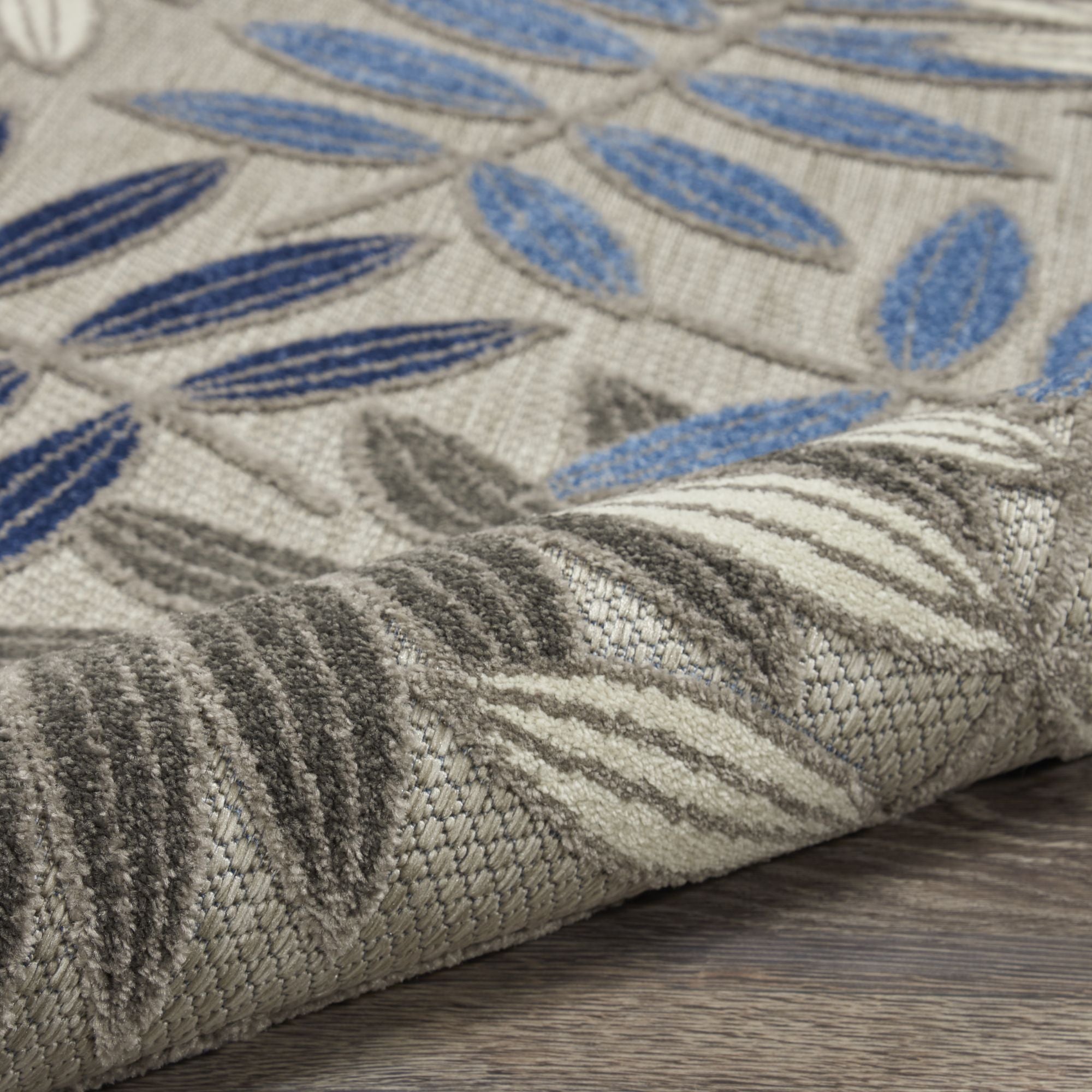 Grey Blue Tropical Leaf Indoor/Outdoor Patio Rug