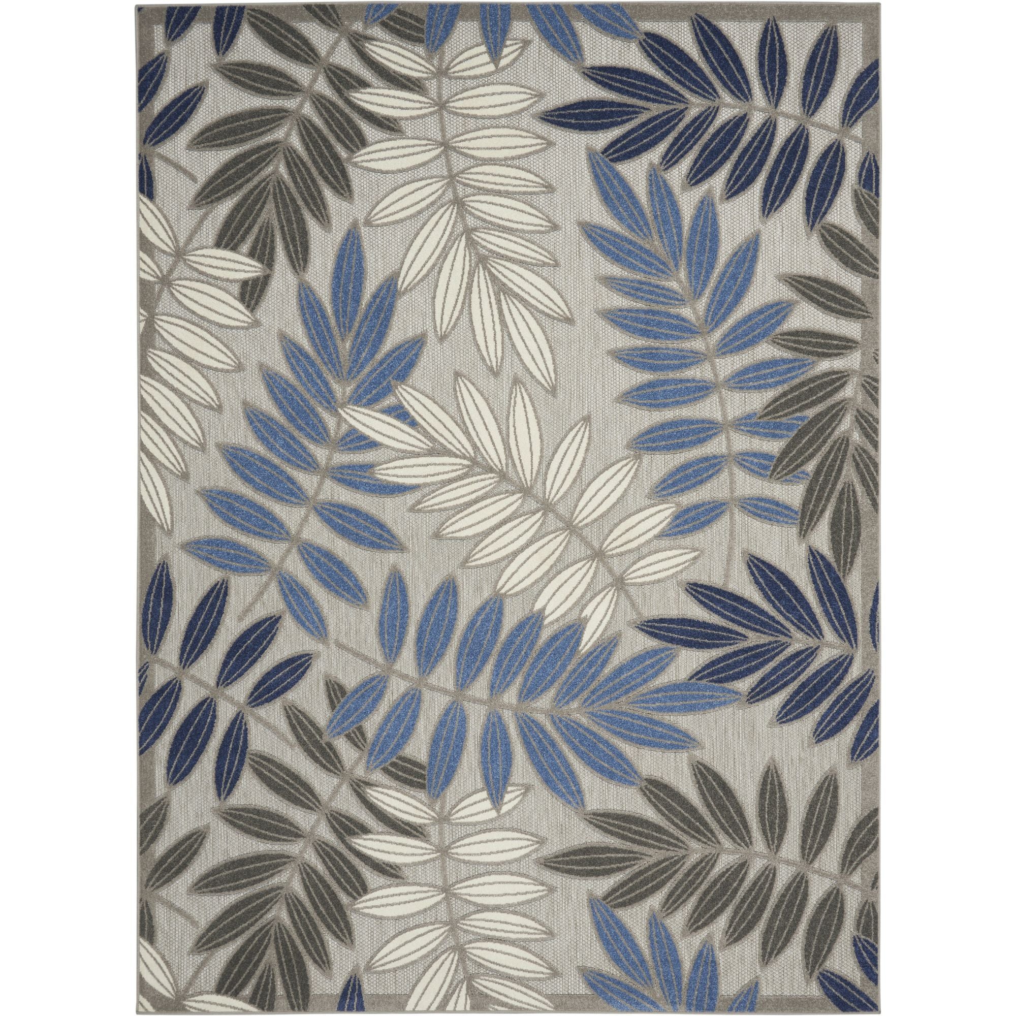 Grey Blue Tropical Leaf Indoor/Outdoor Patio Rug