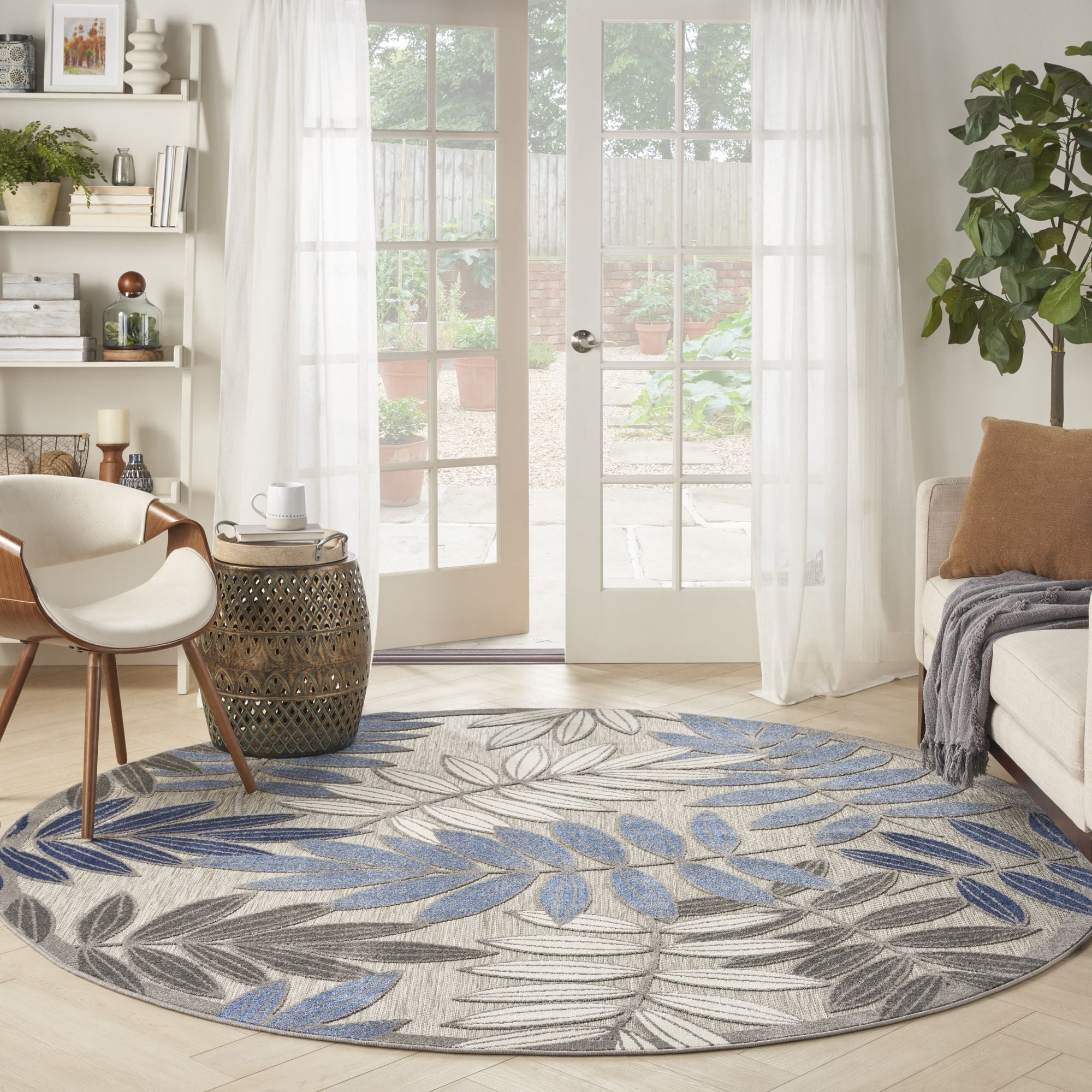Grey Blue Tropical Leaf Indoor/Outdoor Patio Rug