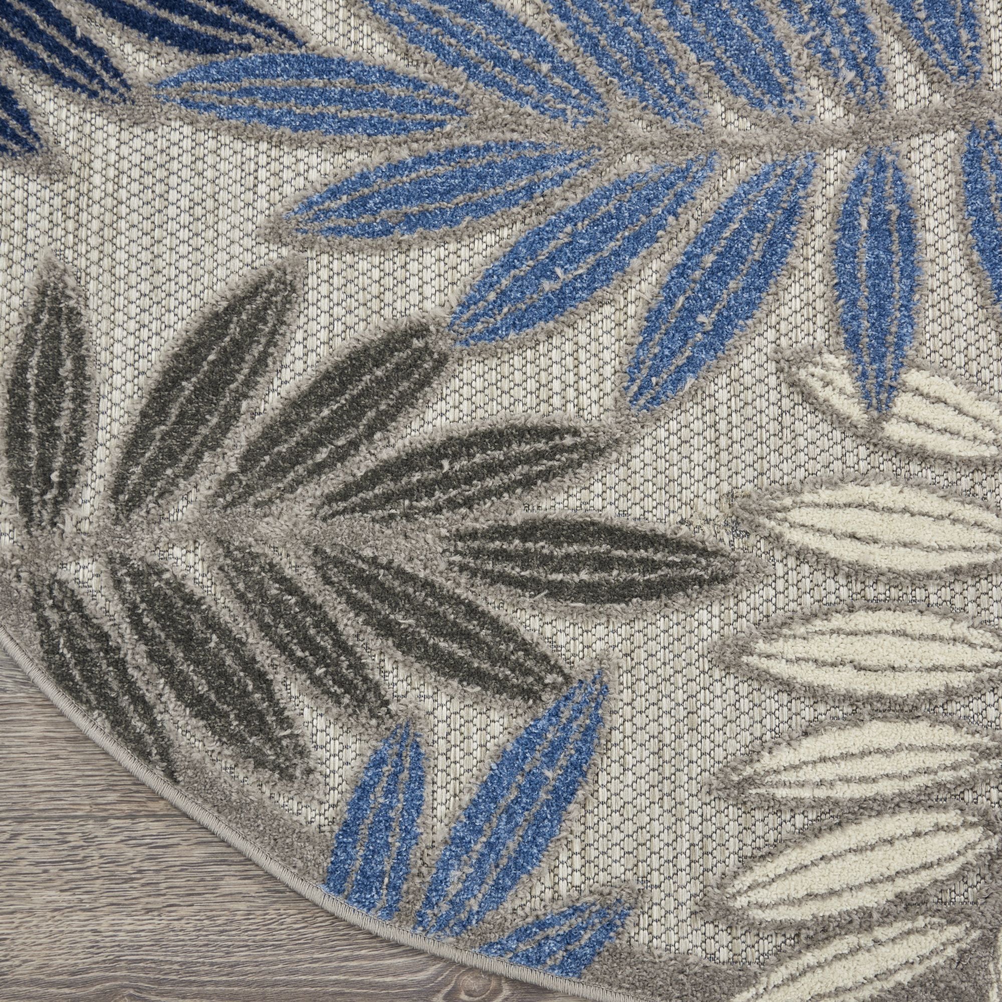 Grey Blue Tropical Leaf Indoor/Outdoor Patio Rug