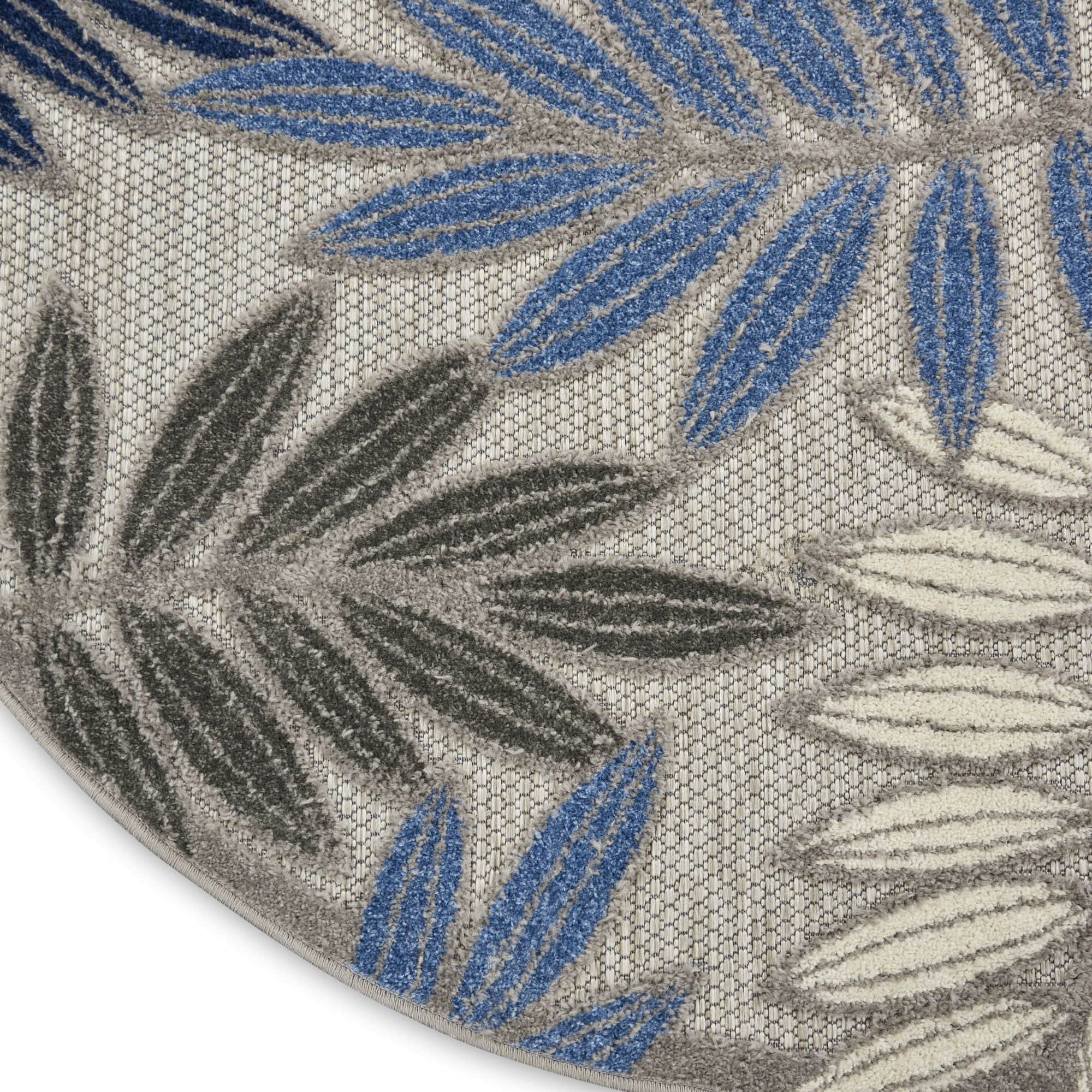 Grey Blue Tropical Leaf Indoor/Outdoor Patio Rug