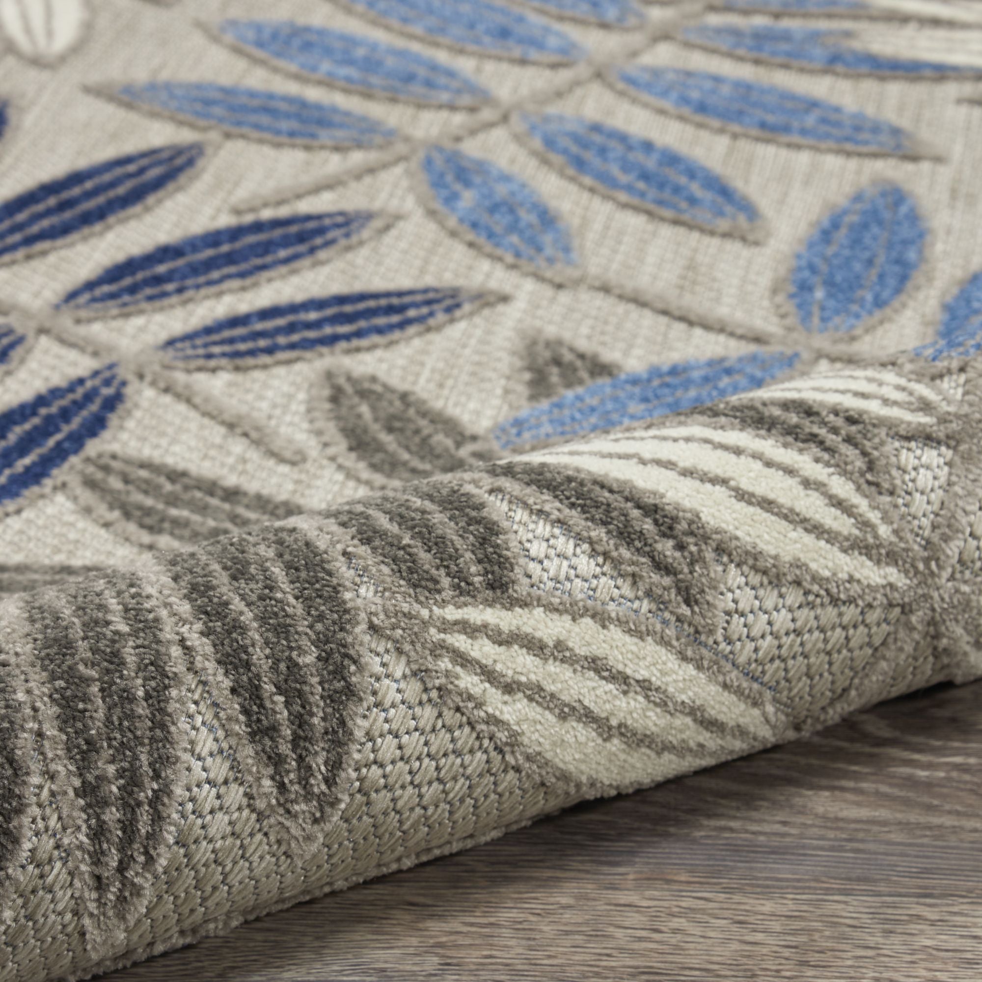 Grey Blue Tropical Leaf Indoor/Outdoor Patio Rug