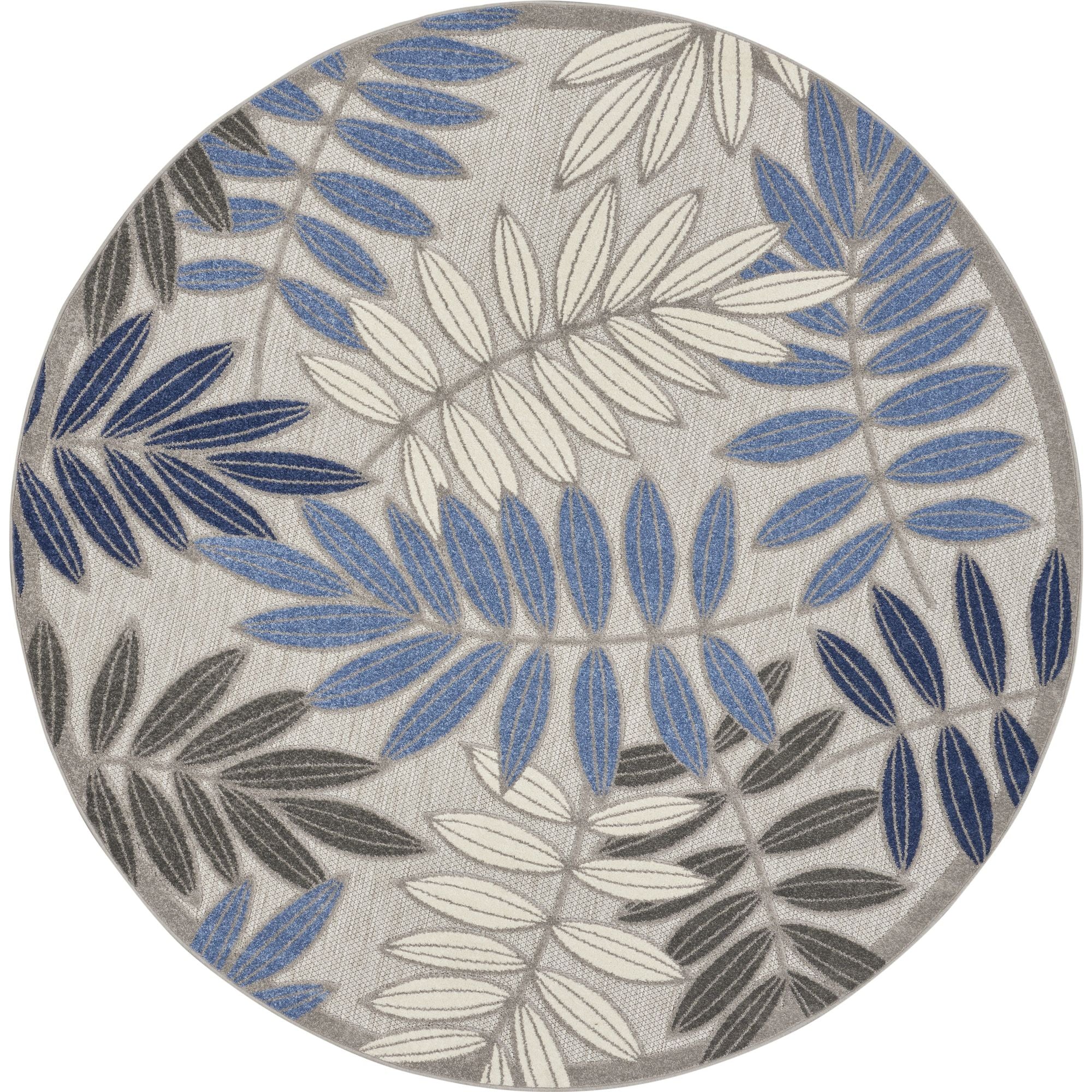 Grey Blue Tropical Leaf Indoor/Outdoor Patio Rug