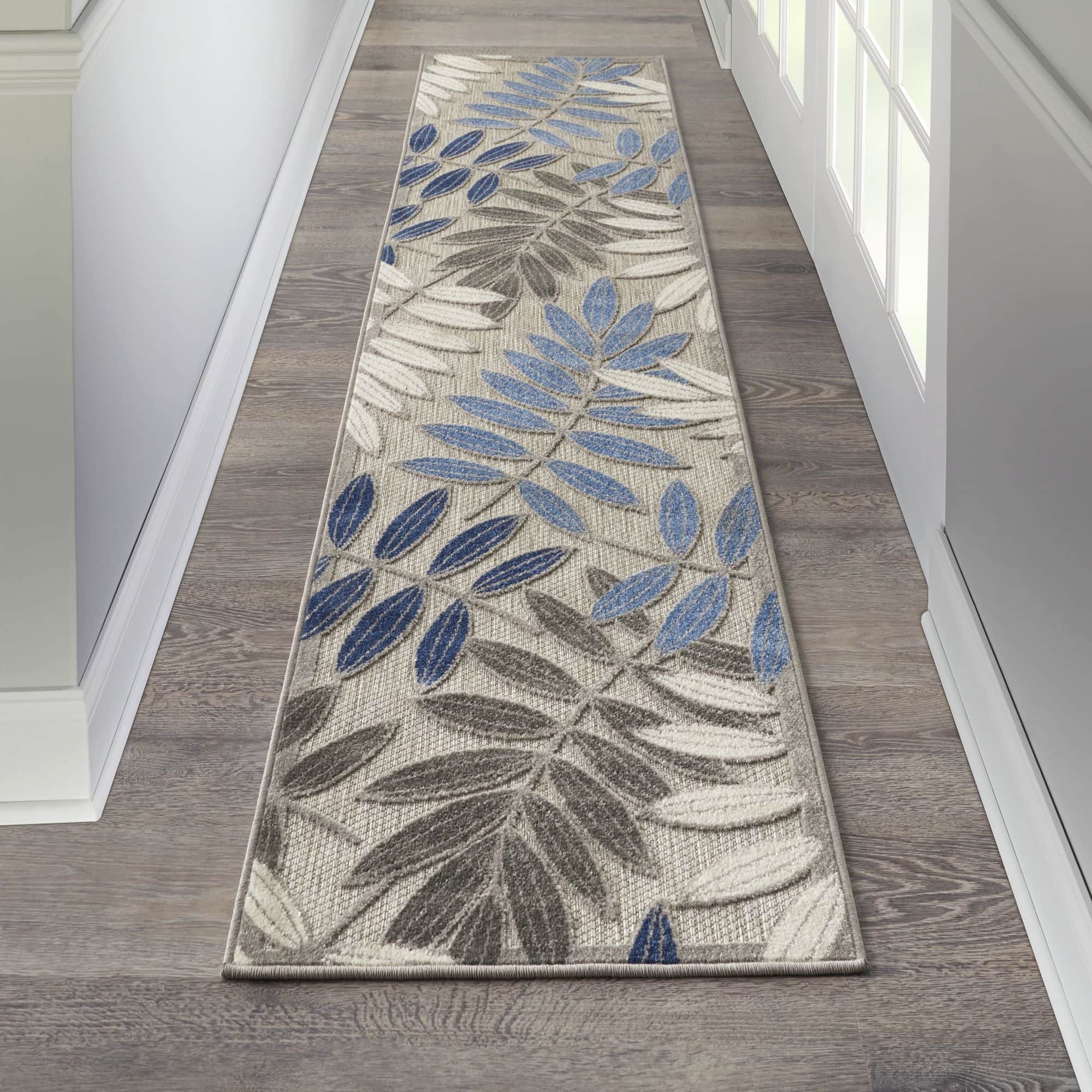 Grey Blue Tropical Leaf Indoor/Outdoor Patio Rug