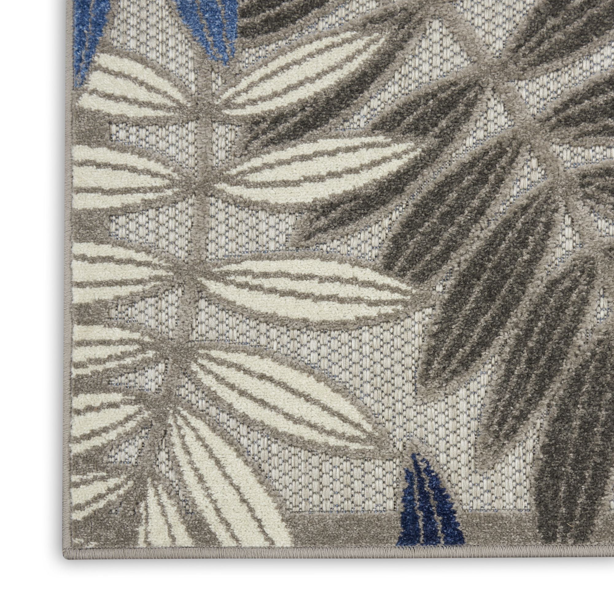 Grey Blue Tropical Leaf Indoor/Outdoor Patio Rug