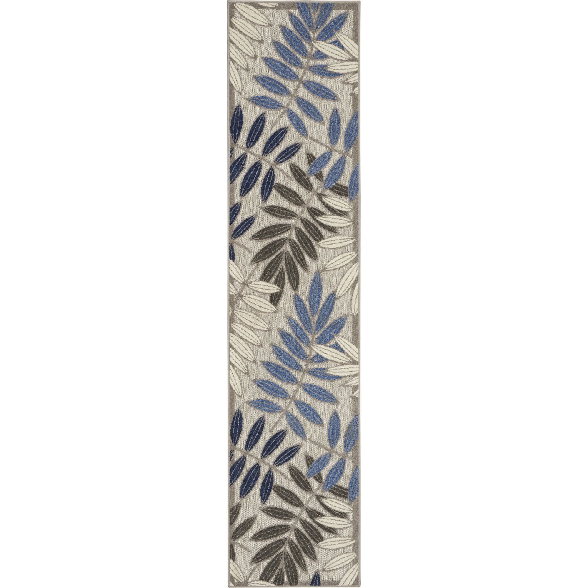Grey Blue Tropical Leaf Indoor/Outdoor Patio Rug
