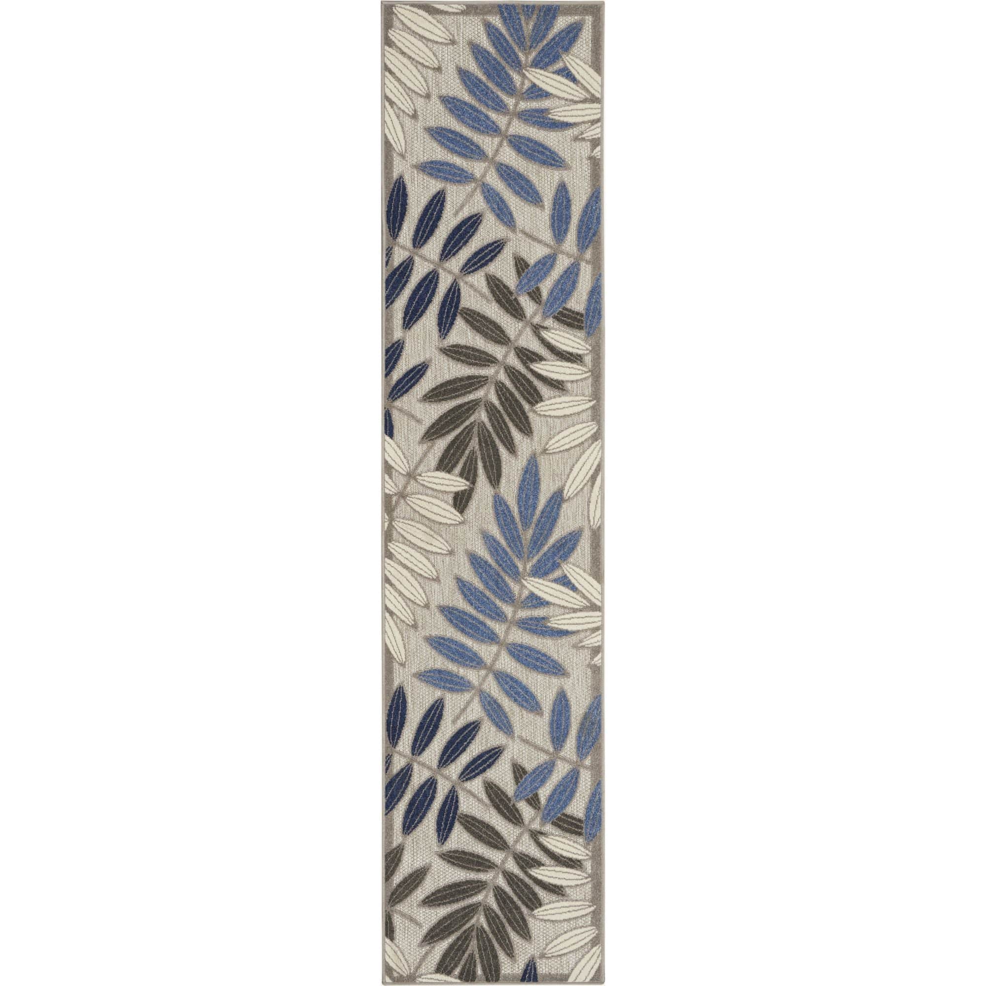 Grey Blue Tropical Leaf Indoor/Outdoor Patio Rug